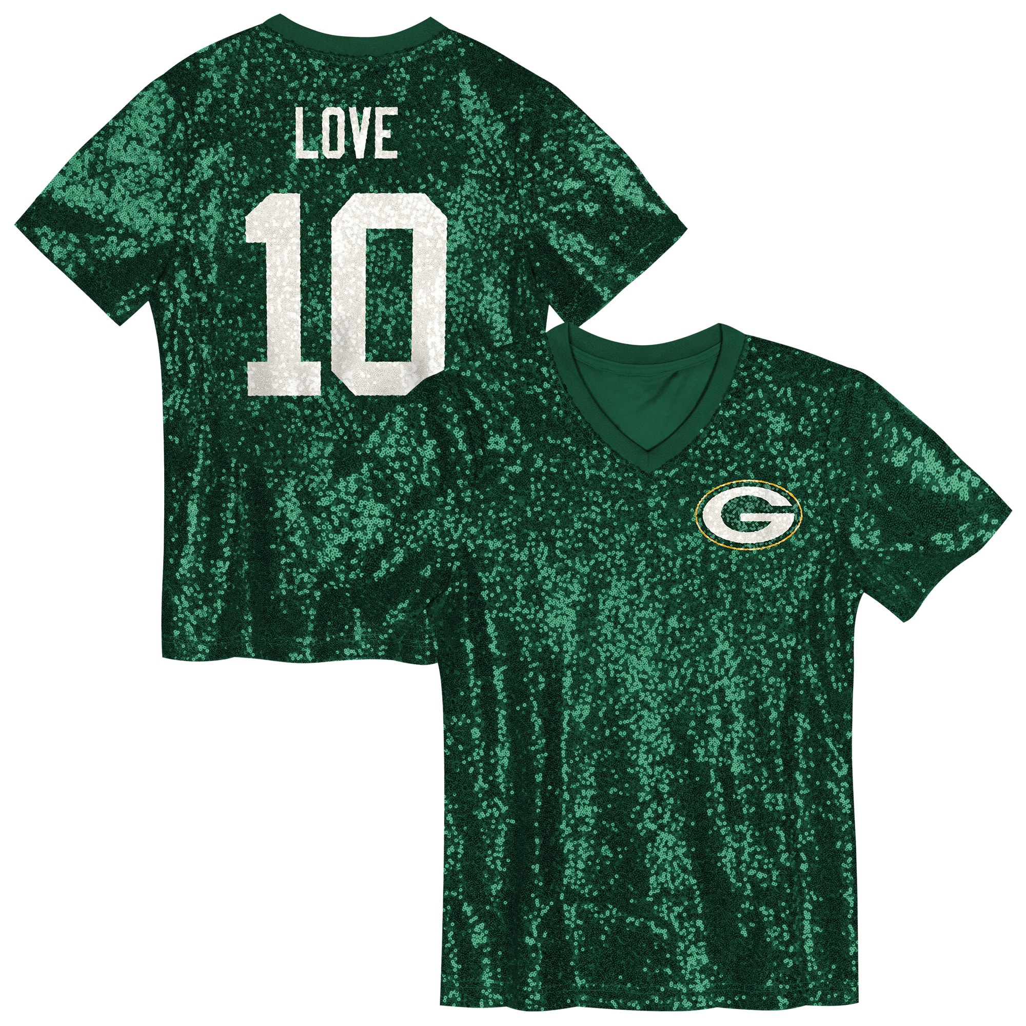 Hunk Wear - Jordan Love Green Bay Packers Girls Youth Sequin V-Neck Fashion Jersey ' Green