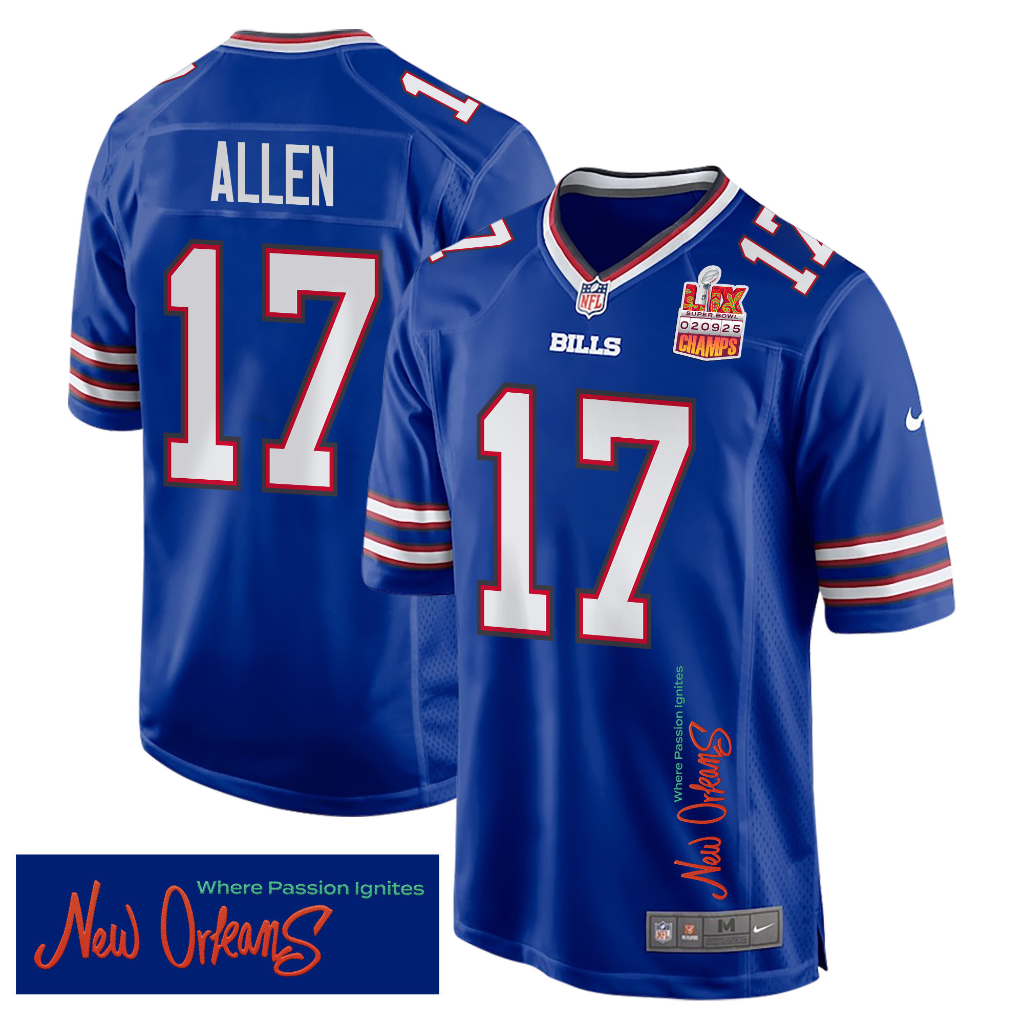 Hunk Wear - Josh Allen 17 Buffalo Bills Super Bowl LIX Champions Patch 'New Orleans ' Where Passion Ignites' EMBROIDERED Game Men Jersey ' Royal