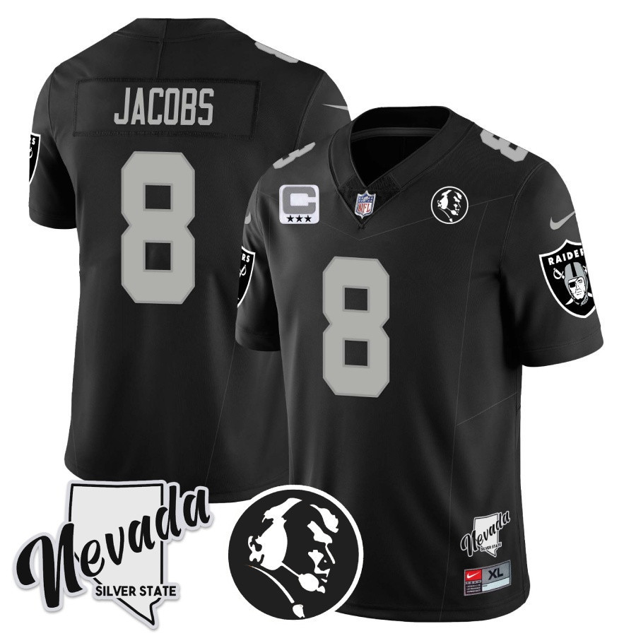 Hunk Wear - Josh Jacobs Men's Las Vegas Raiders John Madden Honoring & Nevada Silver State Patch Vapor Black Jersey
