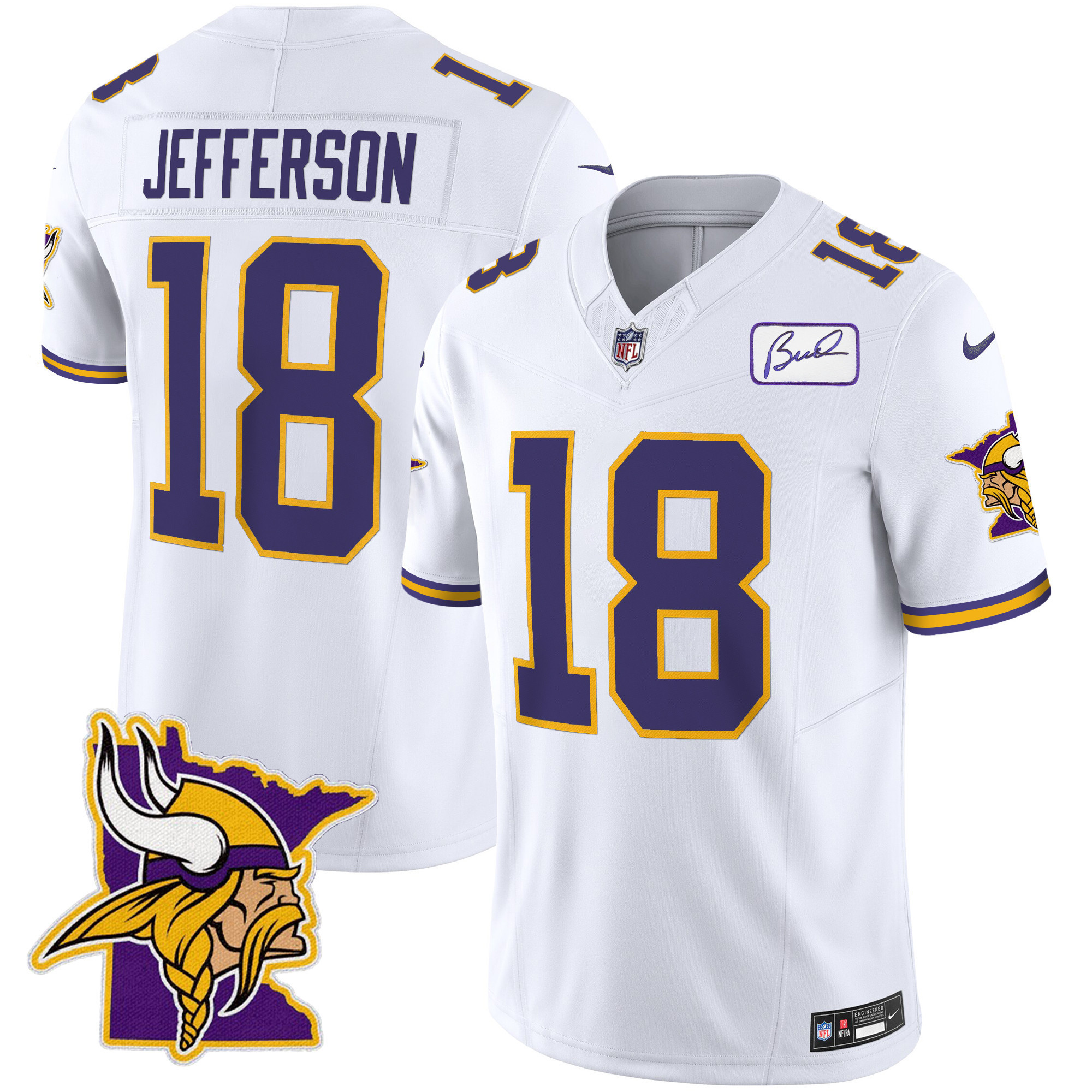 Hunk Wear - Justin Jefferson Men's Minnesota Vikings Bud Grant Patch Classic Limited V5 White Jersey