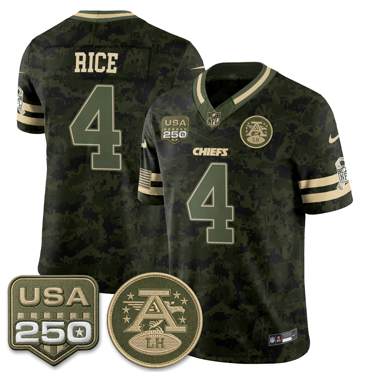 Hunk Wear - Kansas City Chiefs Rashee Rice 2026 Salute to Service Vapor Jersey ' All Stitched ' Camo
