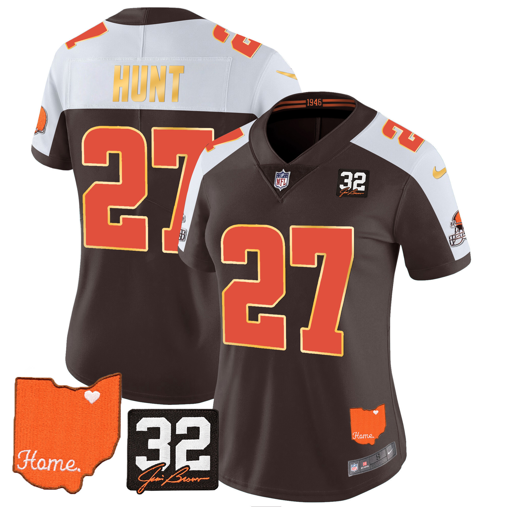 Hunk Wear - Kareem Hunt Women's Cleveland Browns #32 Jim Brown Memorial & Home Patch Gold Trim Alternate Jersey