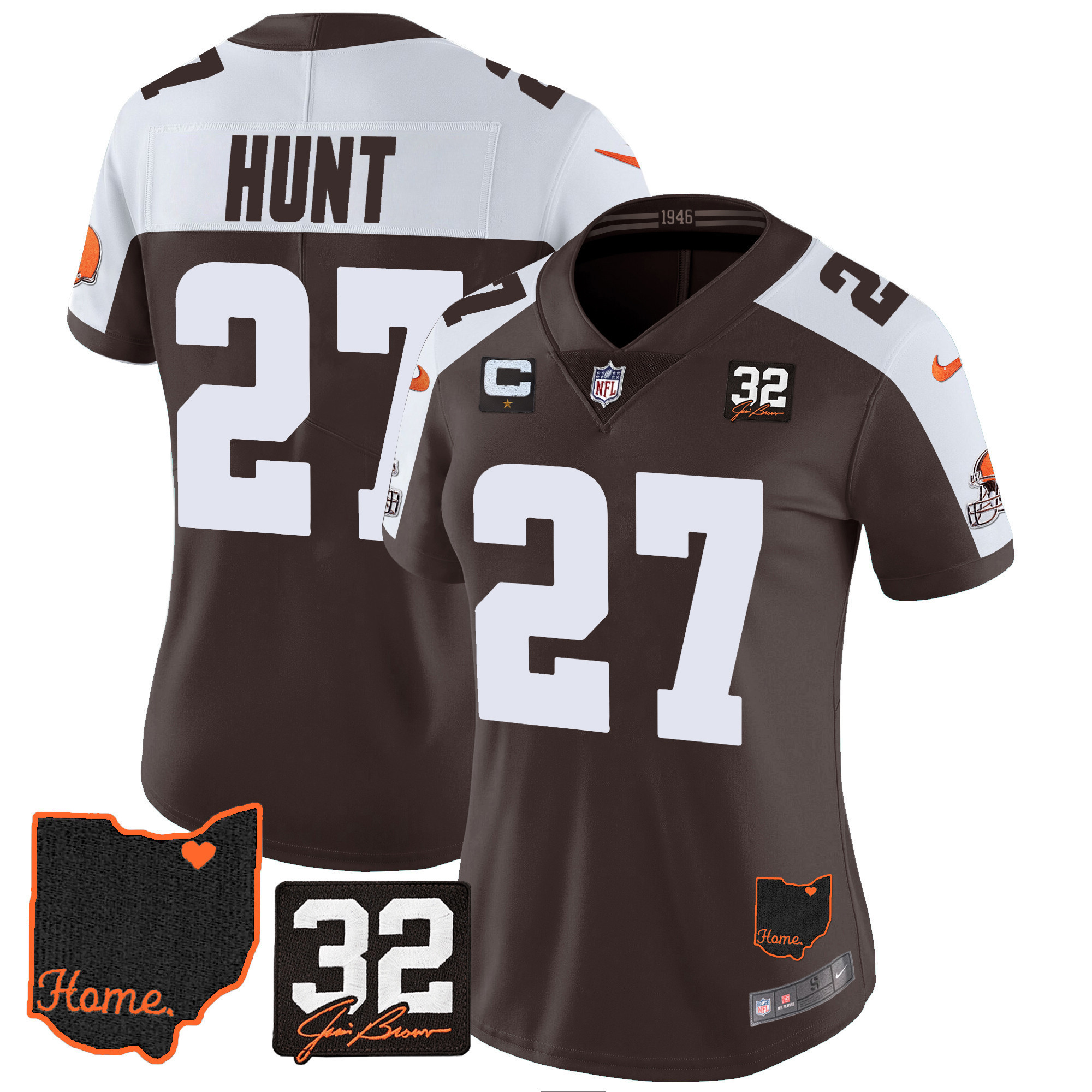 Hunk Wear - Kareem Hunt Women's Cleveland Browns #32 Jim Brown Memorial & Home Patch V3 Alternate Jersey