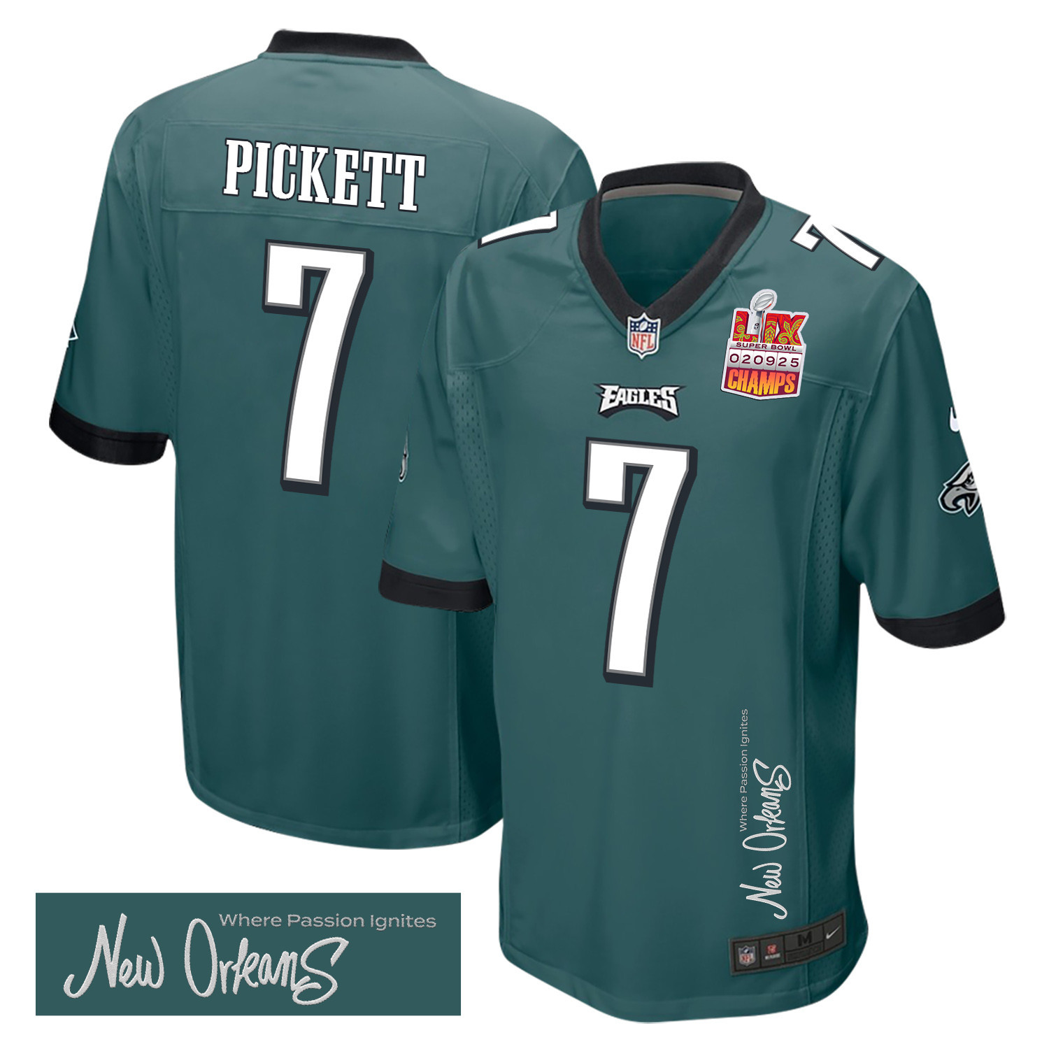 Hunk Wear - Kenny Pickett 7 Philadelphia Eagles Super Bowl LIX Champions Patch 'New Orleans ' Where Passion Ignites' EMBROIDERED Game Men Jersey ' Midnight Green