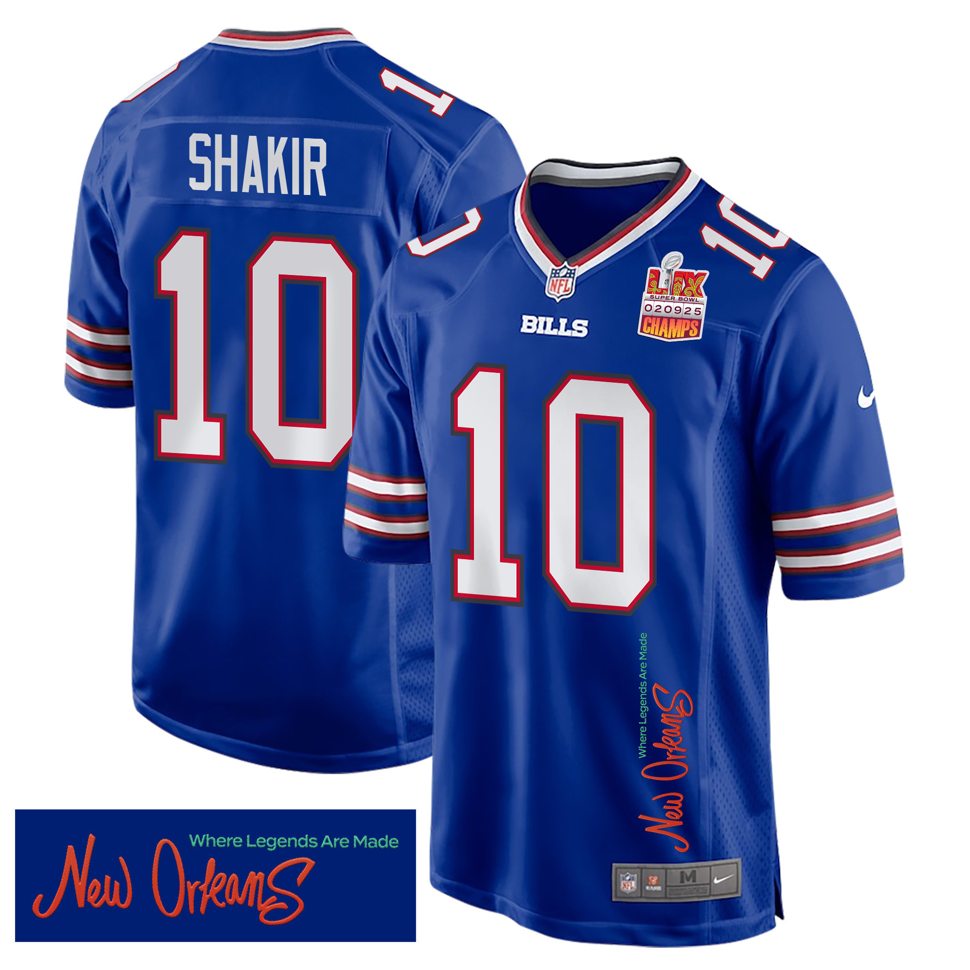 Hunk Wear - Khalil Shakir 10 Buffalo Bills Super Bowl LIX Champions Patch 'New Orleans ' Where Legends Are Made' EMBROIDERED Game Men Jersey ' Royal