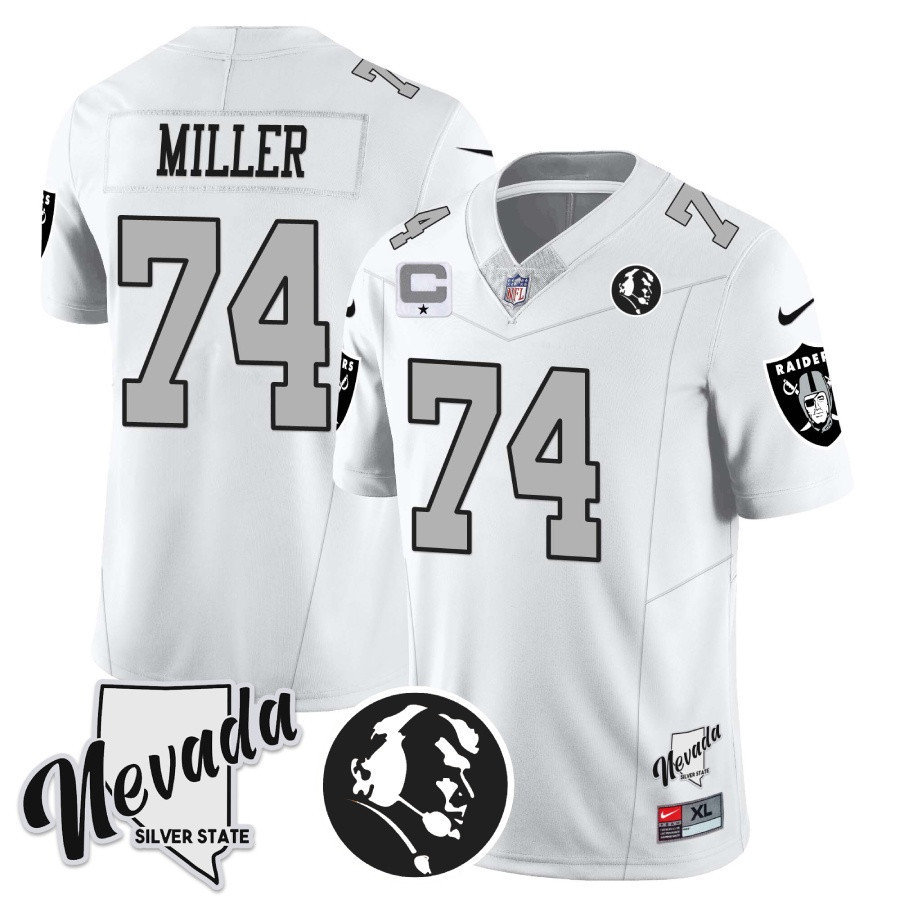 Hunk Wear - Kolton Miller Men's Las Vegas Raiders John Madden Honoring & Nevada Silver State Patch Vapor White Silver Jersey