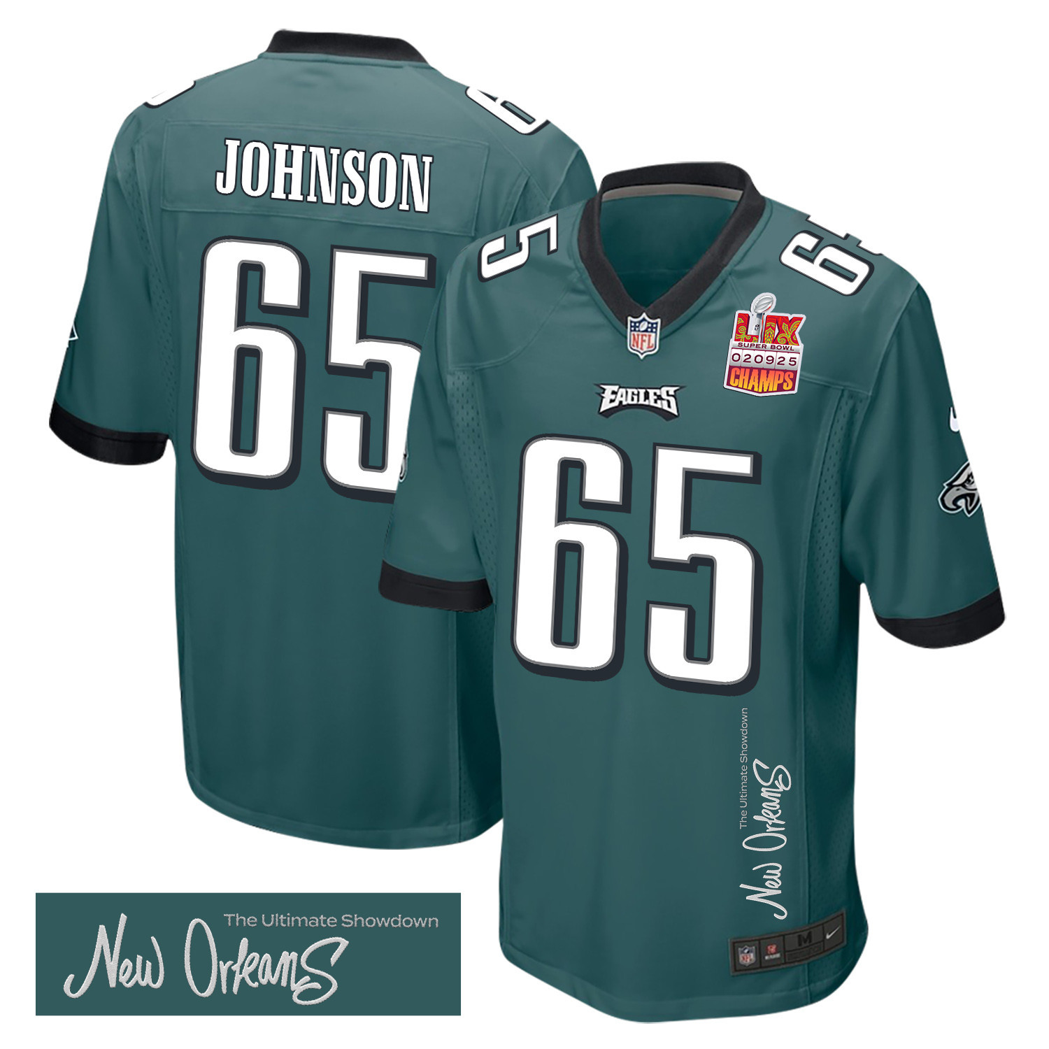 Hunk Wear - Lane Johnson 65 Philadelphia Eagles Super Bowl LIX Champions Patch 'New Orleans ' The Ultimate Showdown' EMBROIDERED Game Men Jersey ' Midnight Green