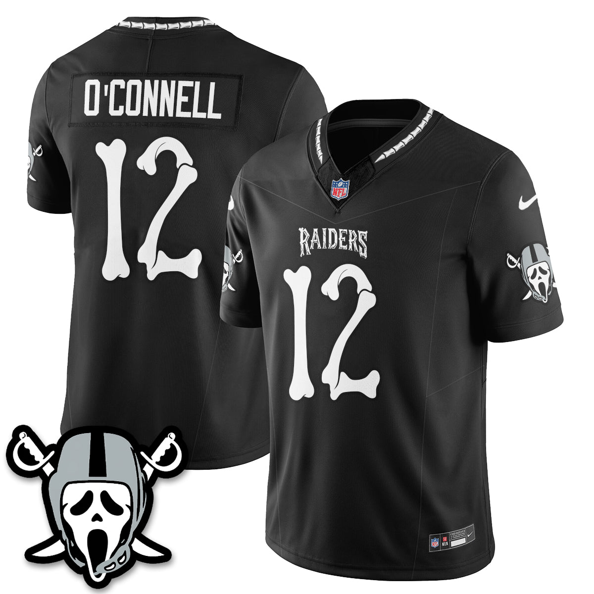 Hunk Wear - Las Vegas Raiders Aidan O'Connell Ghost Face Edition Vapor Jersey ' All Stitched ' Black