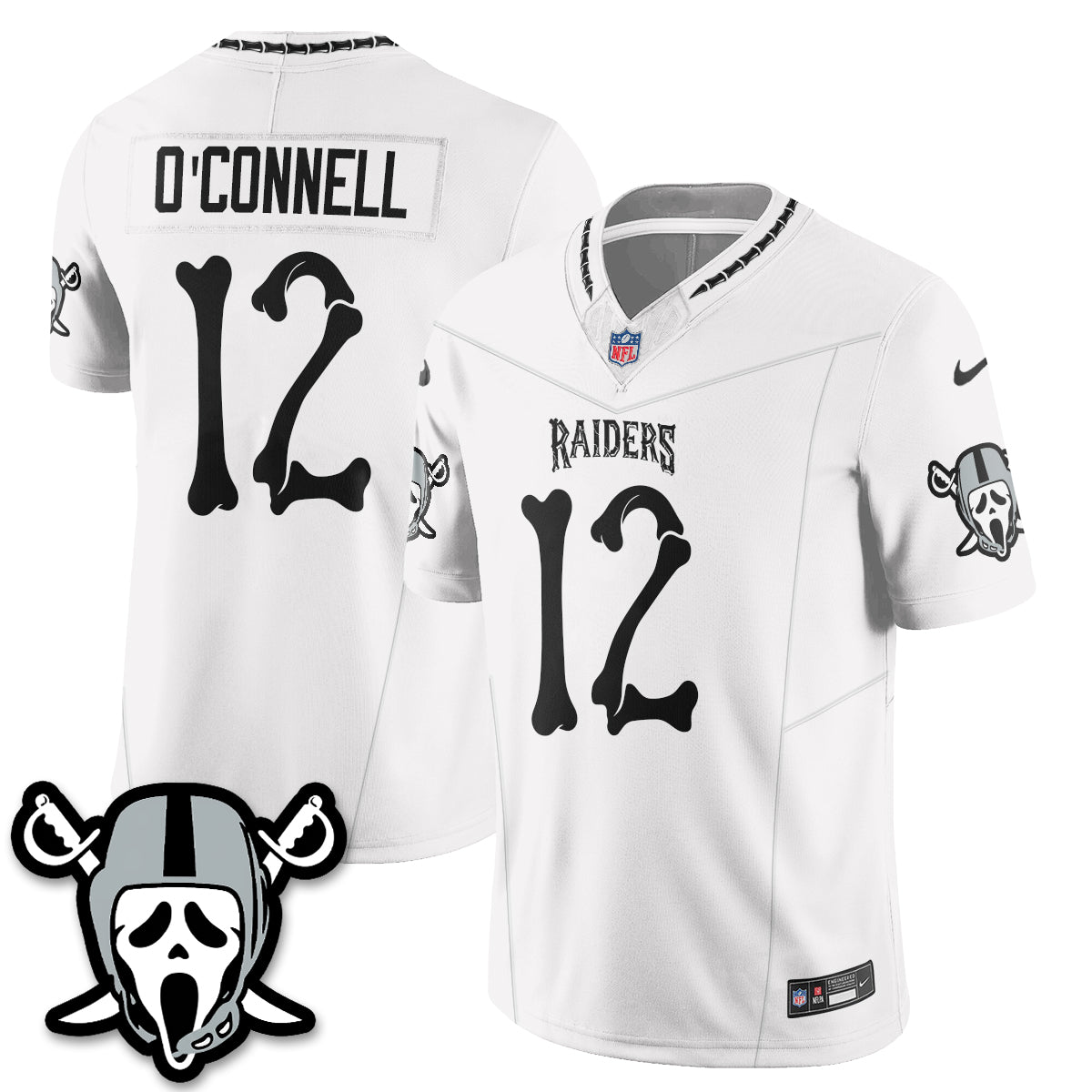 Hunk Wear - Las Vegas Raiders Aidan O'Connell Ghost Face Edition Vapor Jersey ' All Stitched ' White