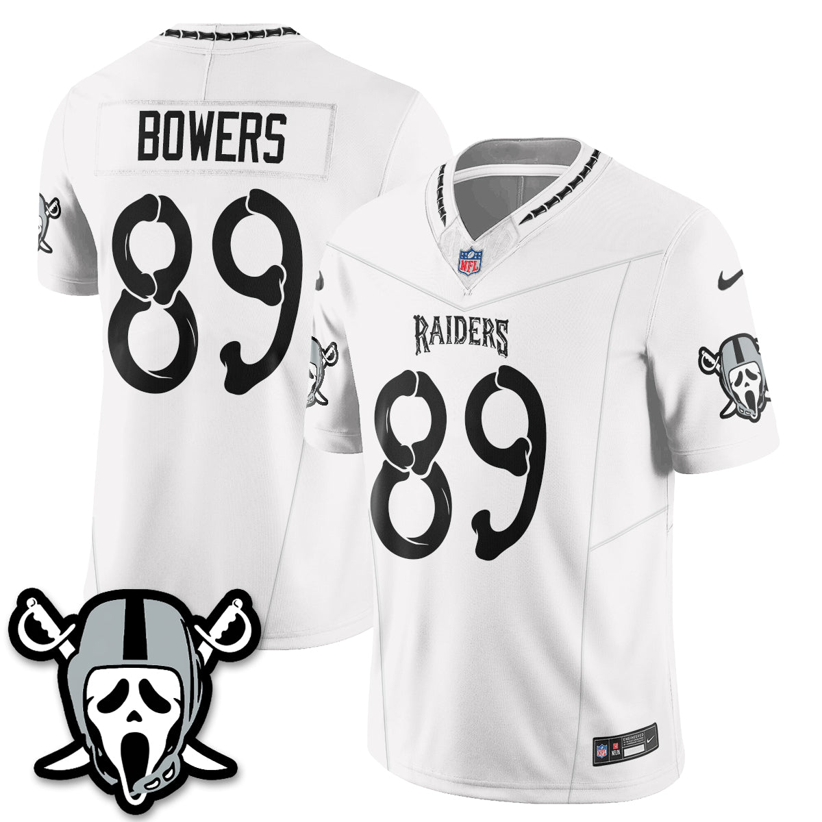 Hunk Wear - Las Vegas Raiders Brock Bowers Ghost Face Edition Vapor Jersey ' All Stitched ' White