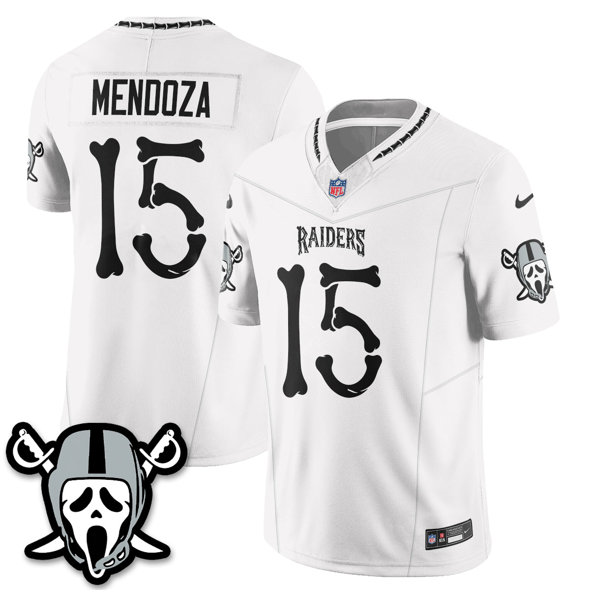 Hunk Wear - Las Vegas Raiders Fernando Mendoza Ghost Face Edition Vapor Jersey ' All Stitched ' White