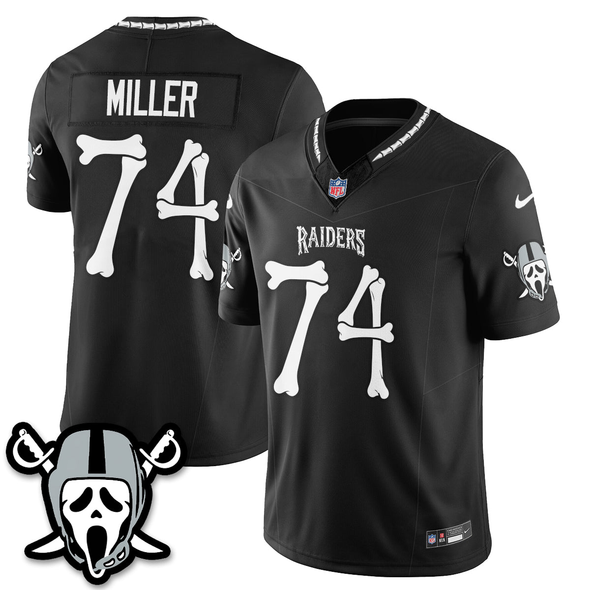 Hunk Wear - Las Vegas Raiders Kolton Miller Ghost Face Edition Vapor Jersey ' All Stitched ' Black