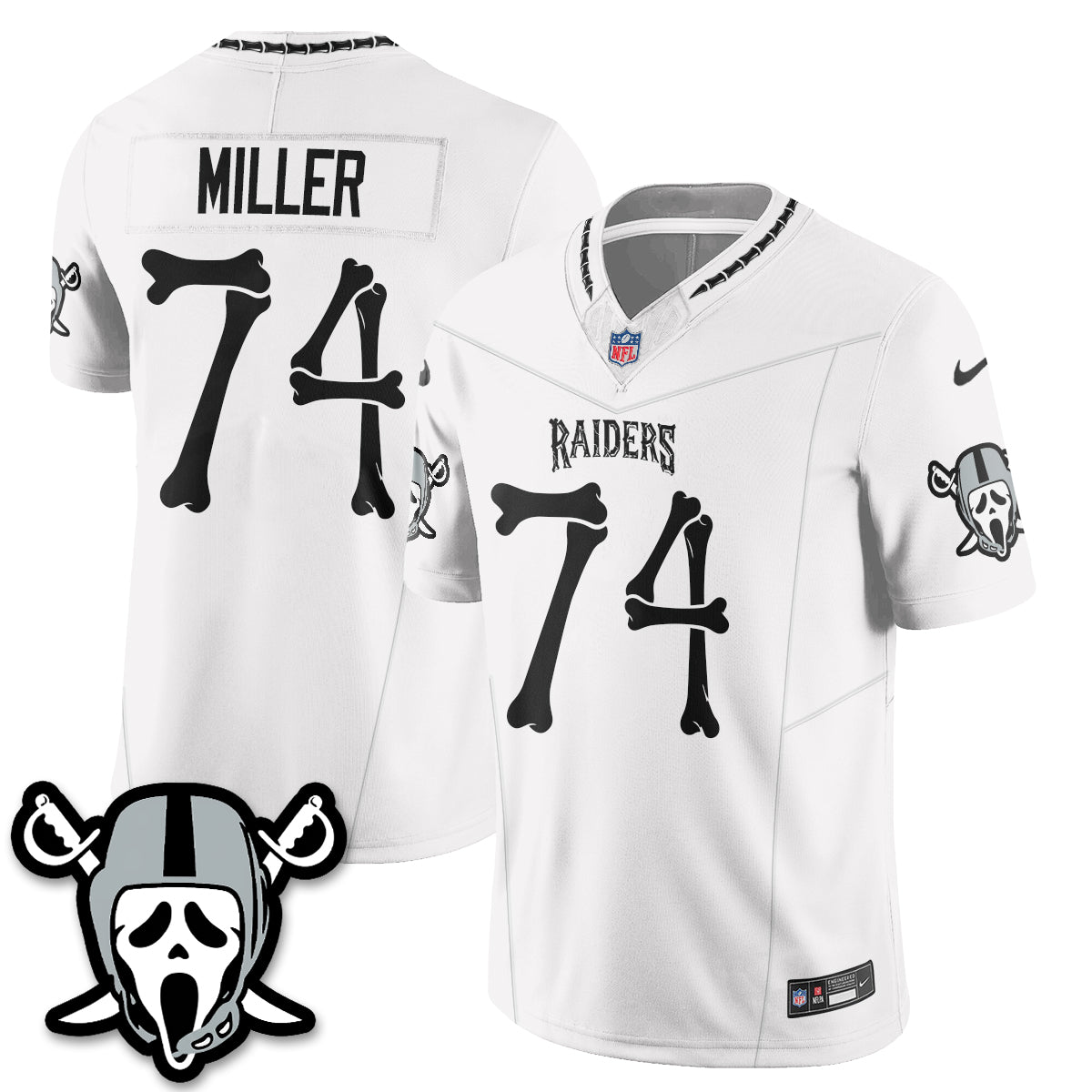 Hunk Wear - Las Vegas Raiders Kolton Miller Ghost Face Edition Vapor Jersey ' All Stitched ' White