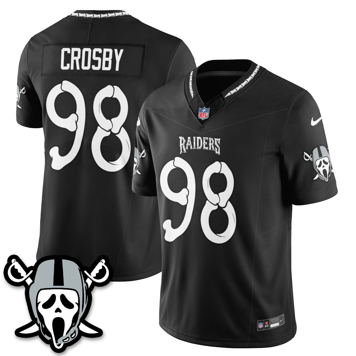 Hunk Wear - Las Vegas Raiders Maxx Crosby Ghost Face Edition Vapor Jersey ' All Stitched ' Black