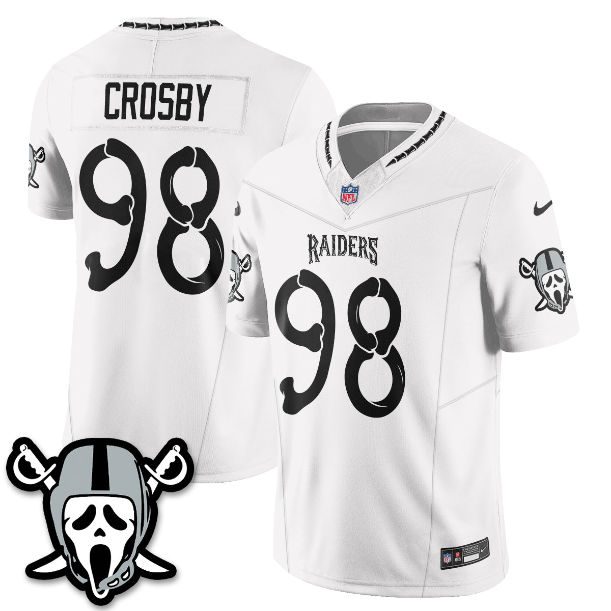 Hunk Wear - Las Vegas Raiders Maxx Crosby Ghost Face Edition Vapor Jersey ' All Stitched ' White
