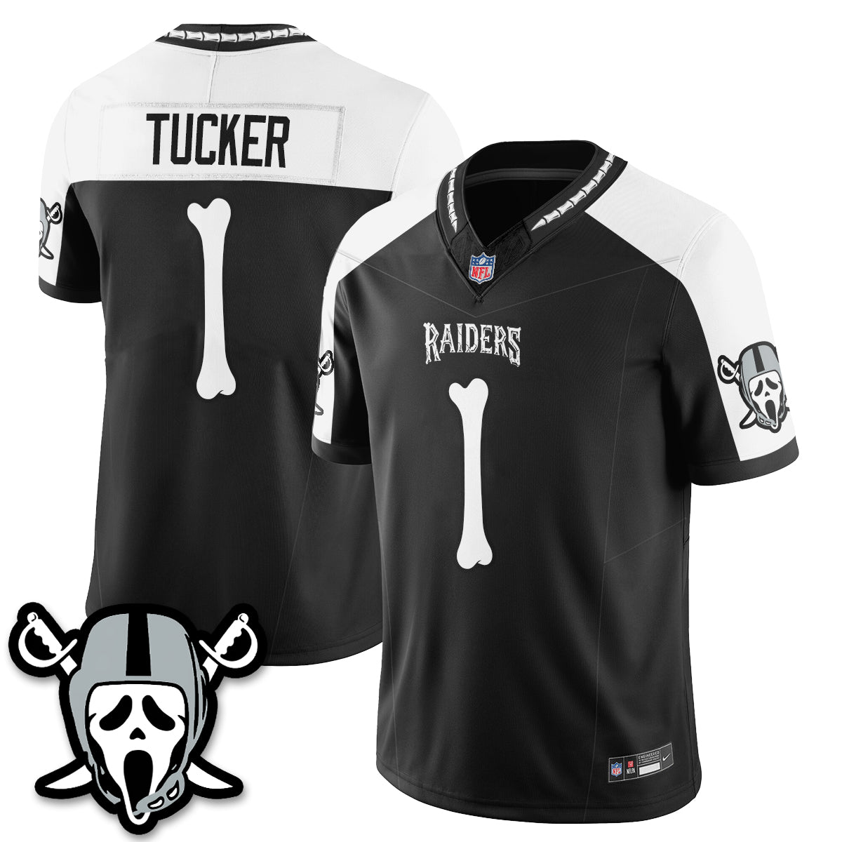 Hunk Wear - Las Vegas Raiders Tre Tucker Ghost Face Edition Vapor Jersey ' All Stitched ' Alternate