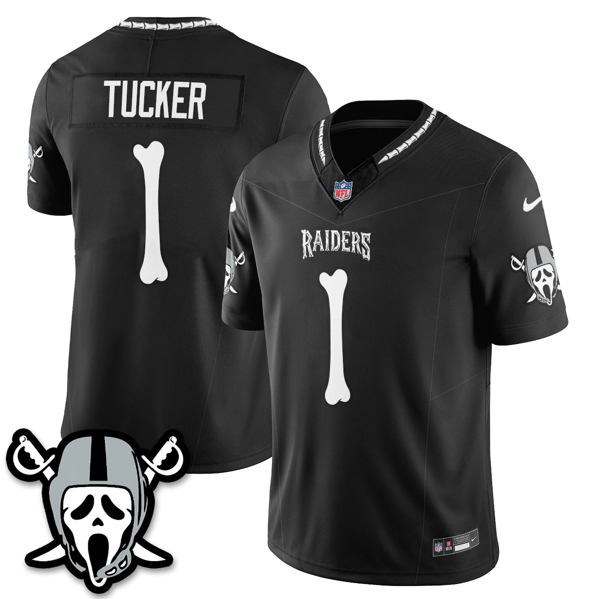 Hunk Wear - Las Vegas Raiders Tre Tucker Ghost Face Edition Vapor Jersey ' All Stitched ' Black