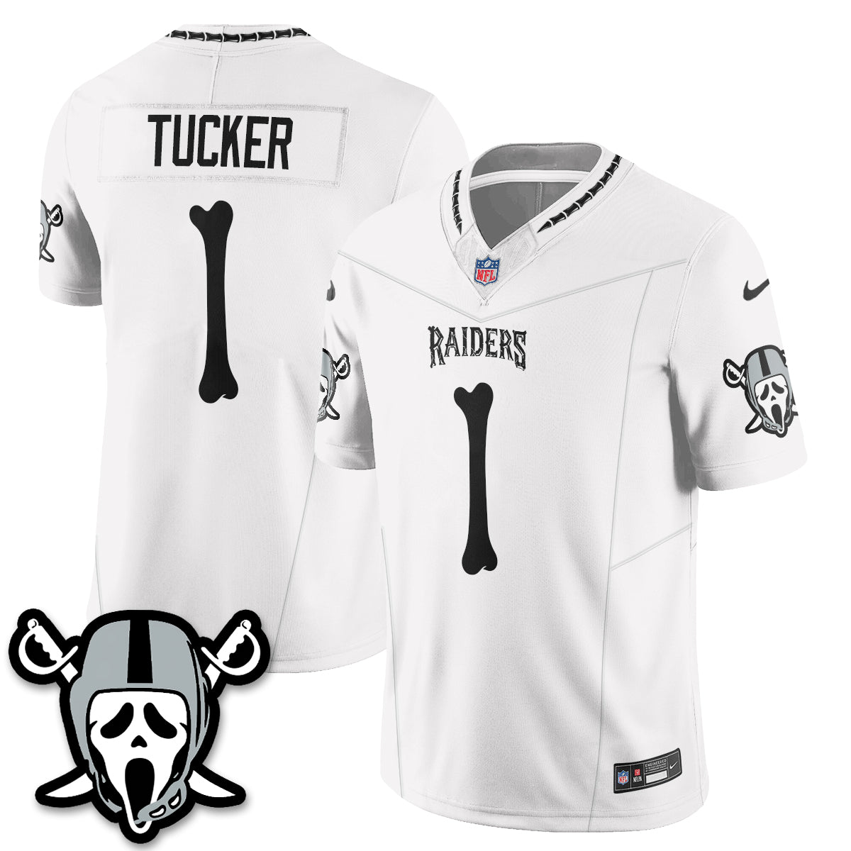 Hunk Wear - Las Vegas Raiders Tre Tucker Ghost Face Edition Vapor Jersey ' All Stitched ' White