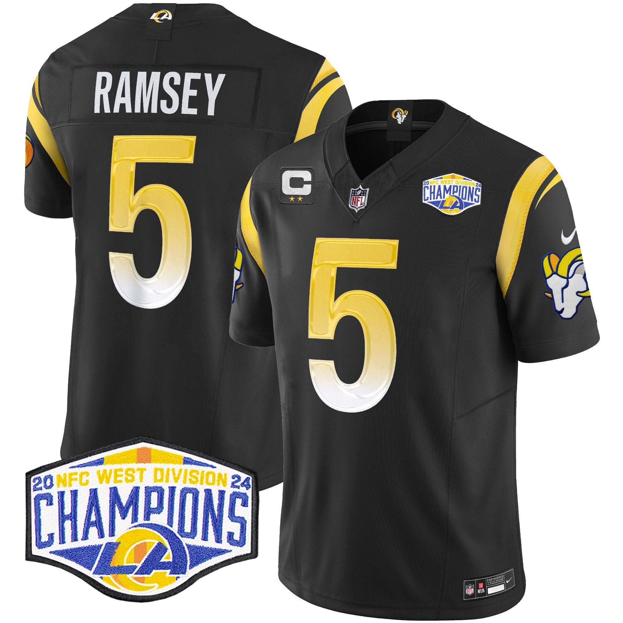 Hunk Wear - Los Angeles Rams 2024 NFC West Division Champions Vapor Limited Jersey ' All Stitched ' Black ' Jalen Ramsey Jersey