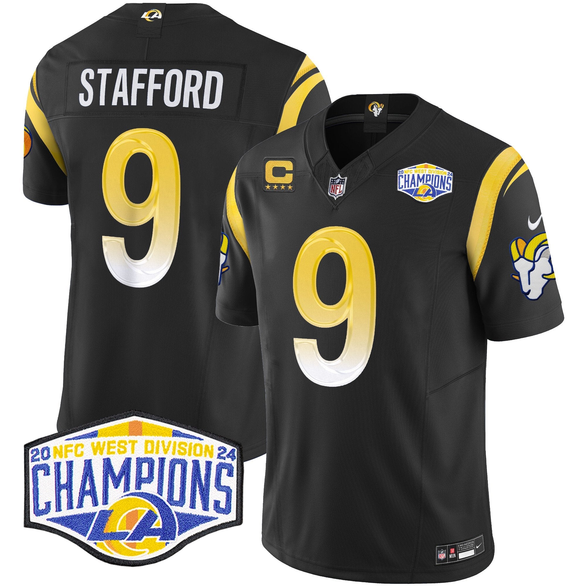 Hunk Wear - Los Angeles Rams 2024 NFC West Division Champions Vapor Limited Jersey ' All Stitched ' Black ' Matthew Stafford Jersey