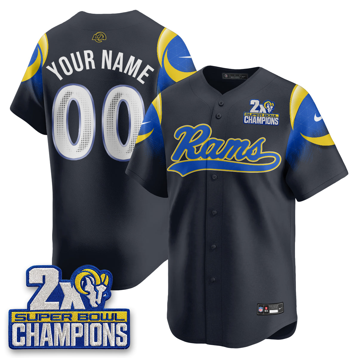 Hunk Wear - Los Angeles Rams 2X Champs Rivalries Vapor Custom Baseball Jersey ' All Stitched ' Navy