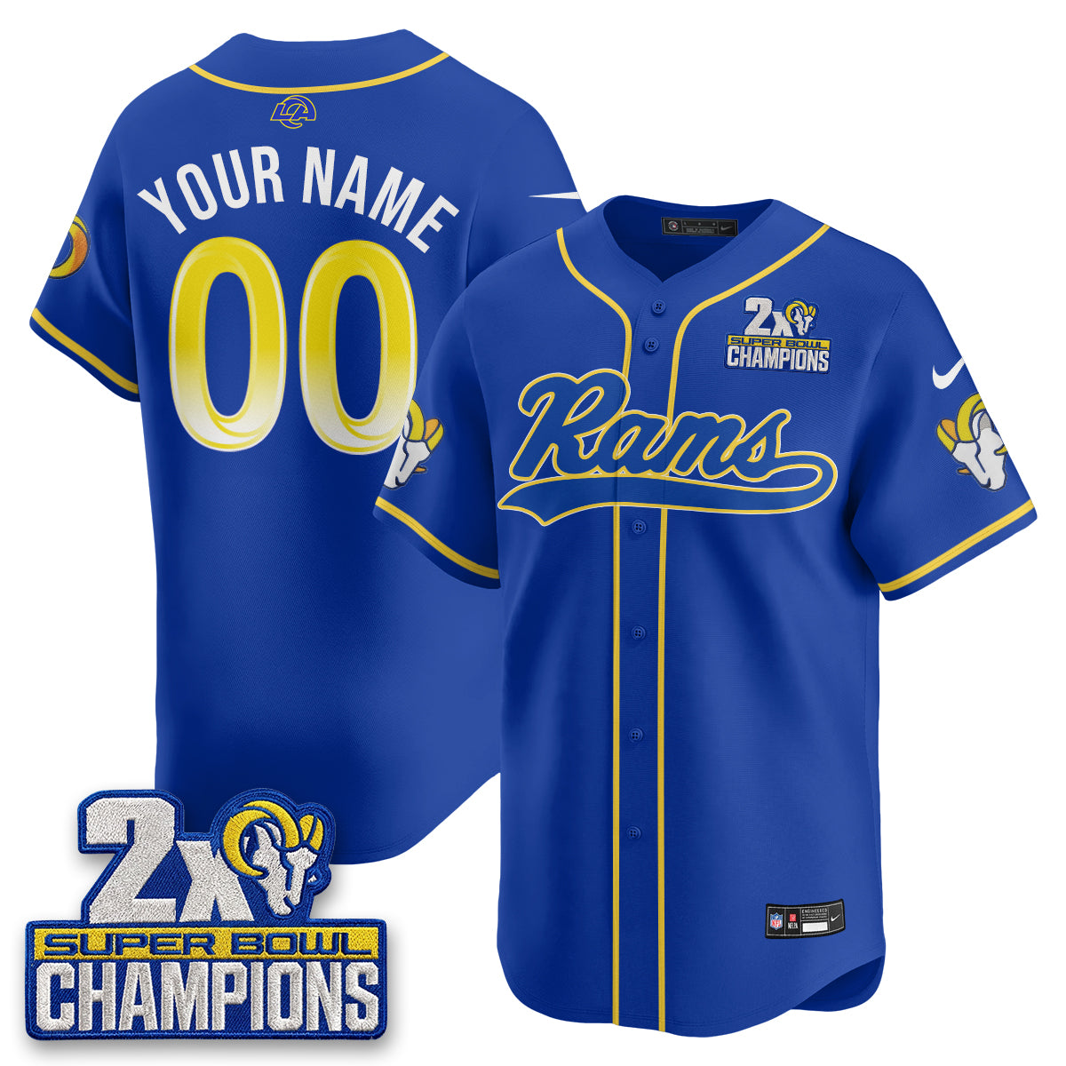 Hunk Wear - Los Angeles Rams 2X Champs Rivalries Vapor Custom Baseball Jersey ' All Stitched ' Royal