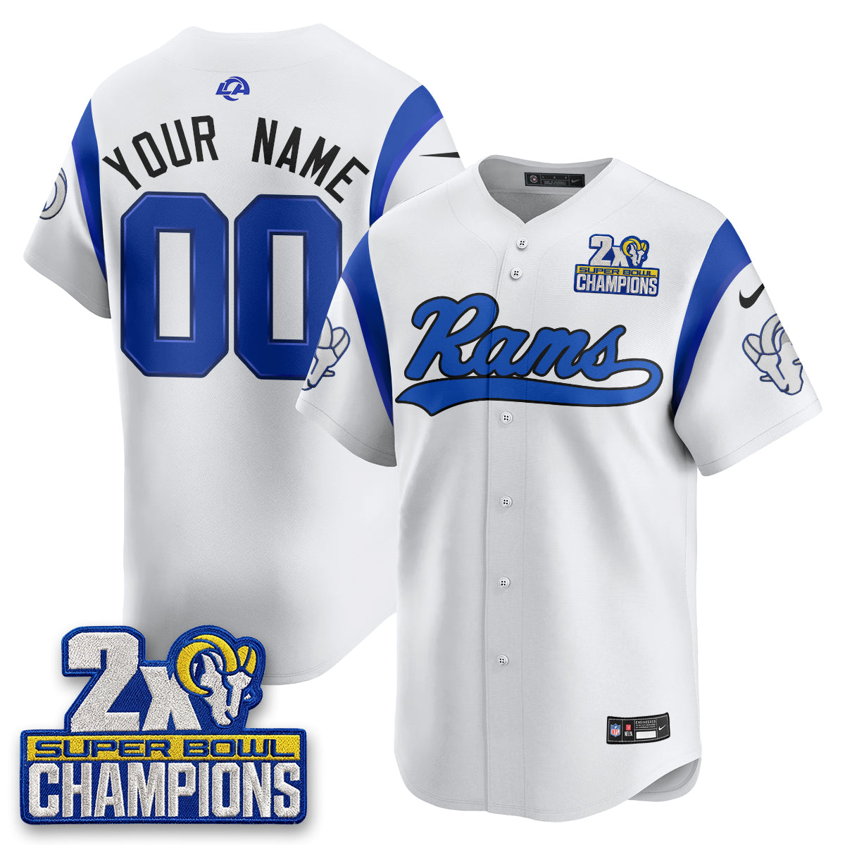 Hunk Wear - Los Angeles Rams 2X Champs Rivalries Vapor Custom Baseball Jersey ' All Stitched ' White