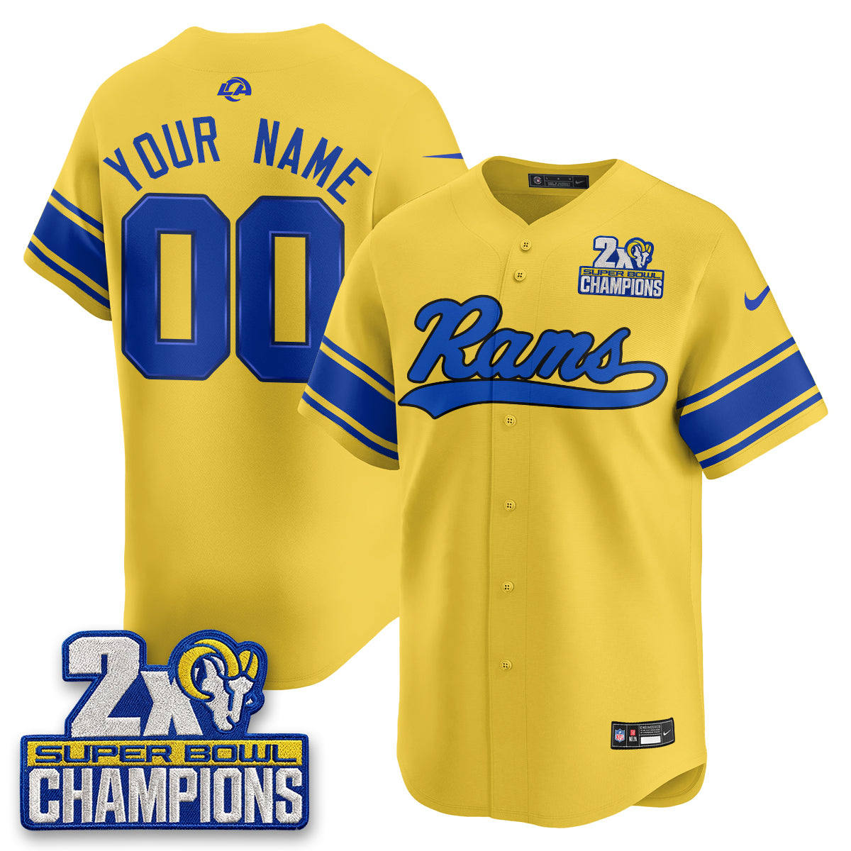 Hunk Wear - Los Angeles Rams 2X Champs Rivalries Vapor Custom Baseball Jersey ' All Stitched ' Yellow