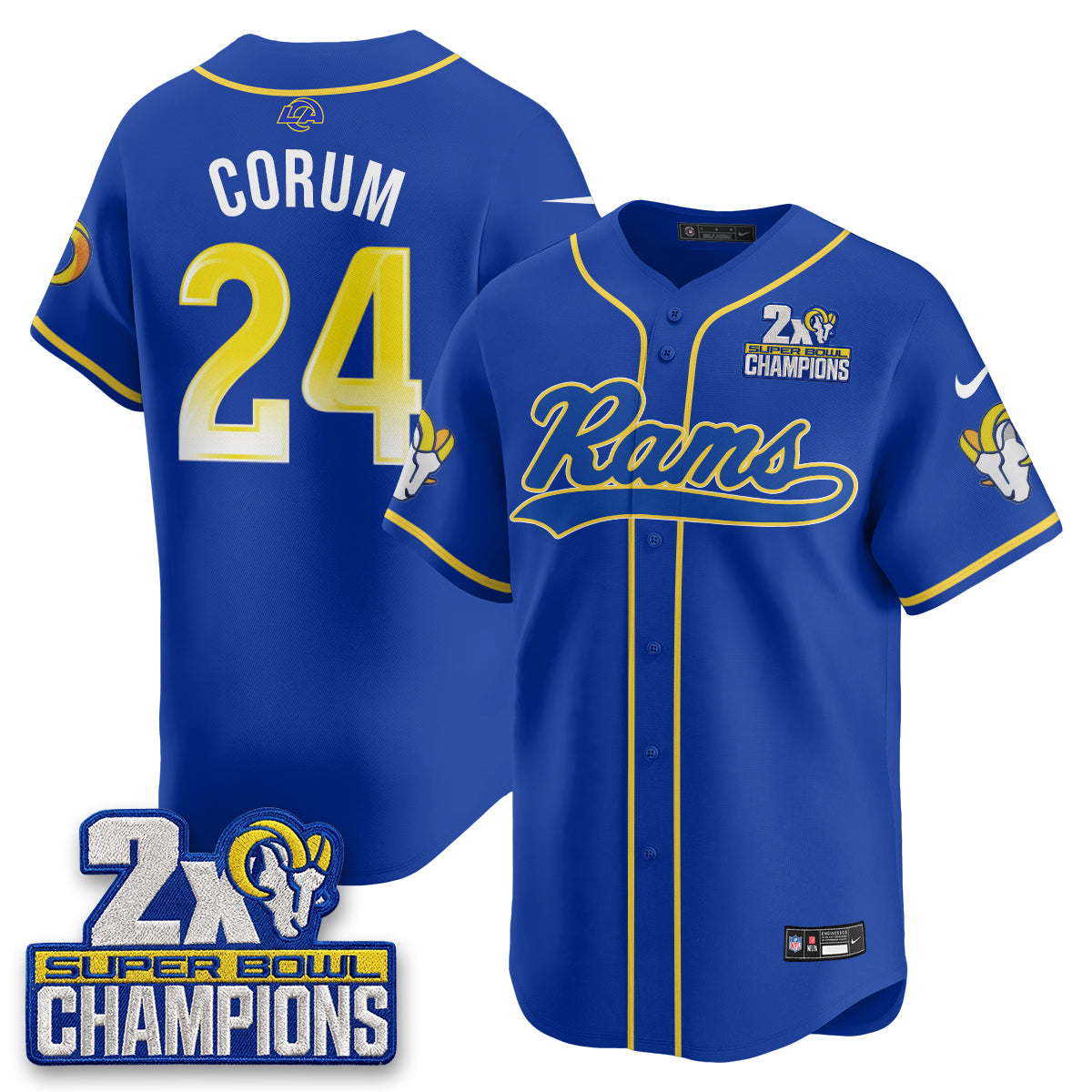 Hunk Wear - Los Angeles Rams Blake Corum 2X Champs Rivalries Vapor Baseball Jersey ' All Stitched ' Royal