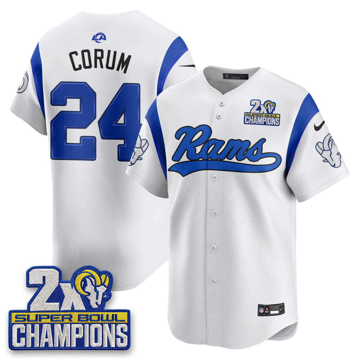 Hunk Wear - Los Angeles Rams Blake Corum 2X Champs Rivalries Vapor Baseball Jersey ' All Stitched ' White