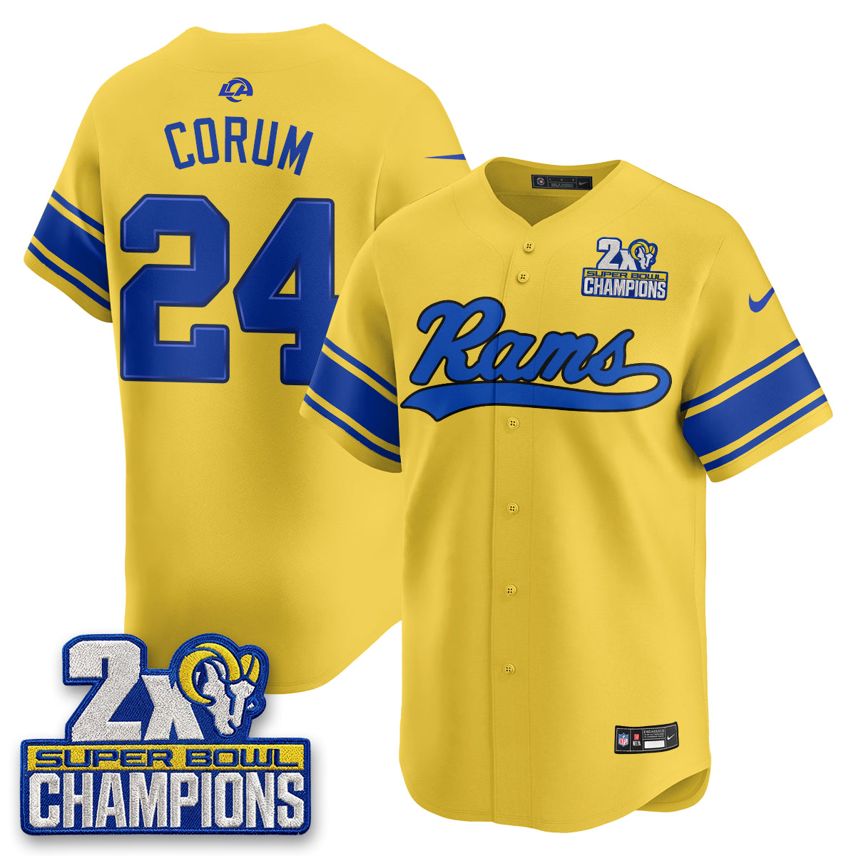 Hunk Wear - Los Angeles Rams Blake Corum 2X Champs Rivalries Vapor Baseball Jersey ' All Stitched ' Yellow