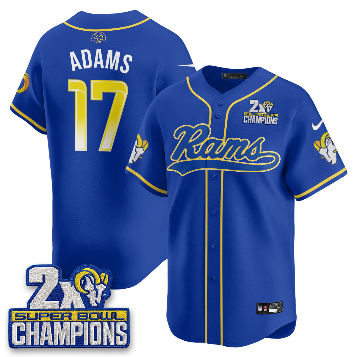 Hunk Wear - Los Angeles Rams Davante Adams 2X Champs Rivalries Vapor Baseball Jersey ' All Stitched ' Royal