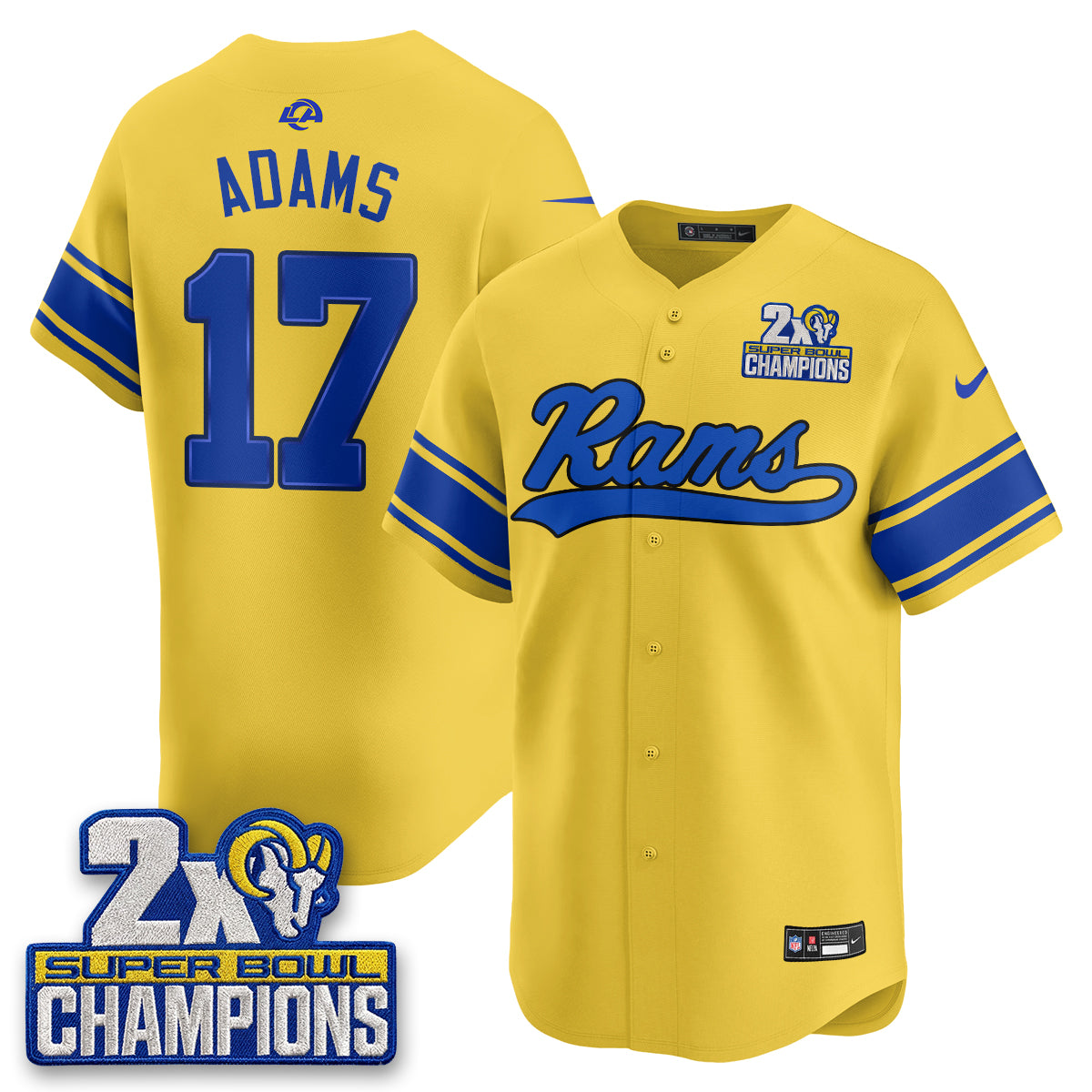 Hunk Wear - Los Angeles Rams Davante Adams 2X Champs Rivalries Vapor Baseball Jersey ' All Stitched ' Yellow
