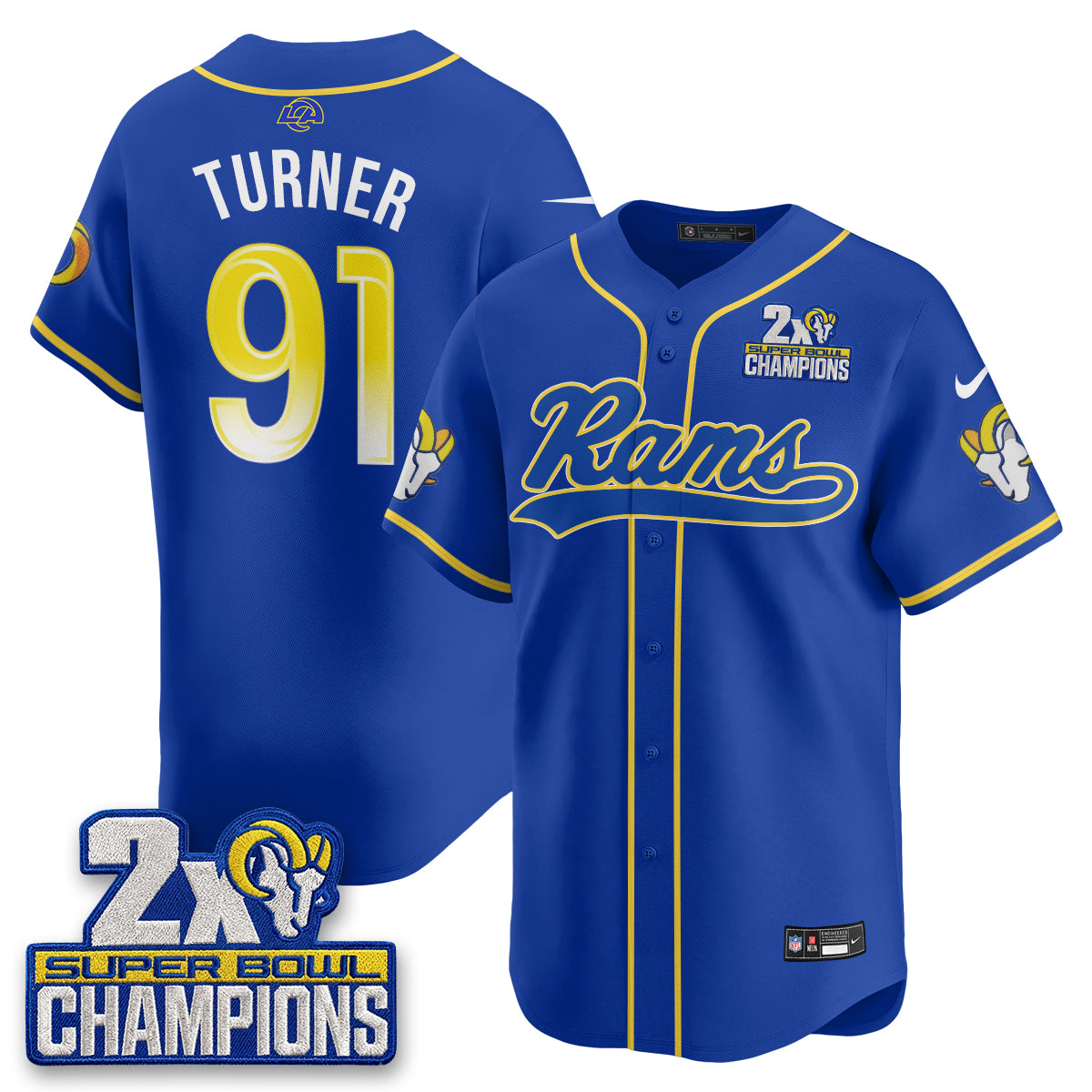 Hunk Wear - Los Angeles Rams Kobie Turner 2X Champs Rivalries Vapor Baseball Jersey ' All Stitched ' Royal