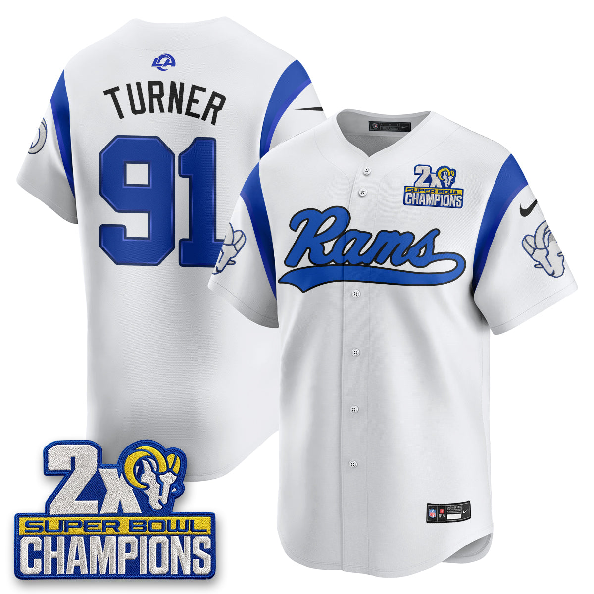 Hunk Wear - Los Angeles Rams Kobie Turner 2X Champs Rivalries Vapor Baseball Jersey ' All Stitched ' White