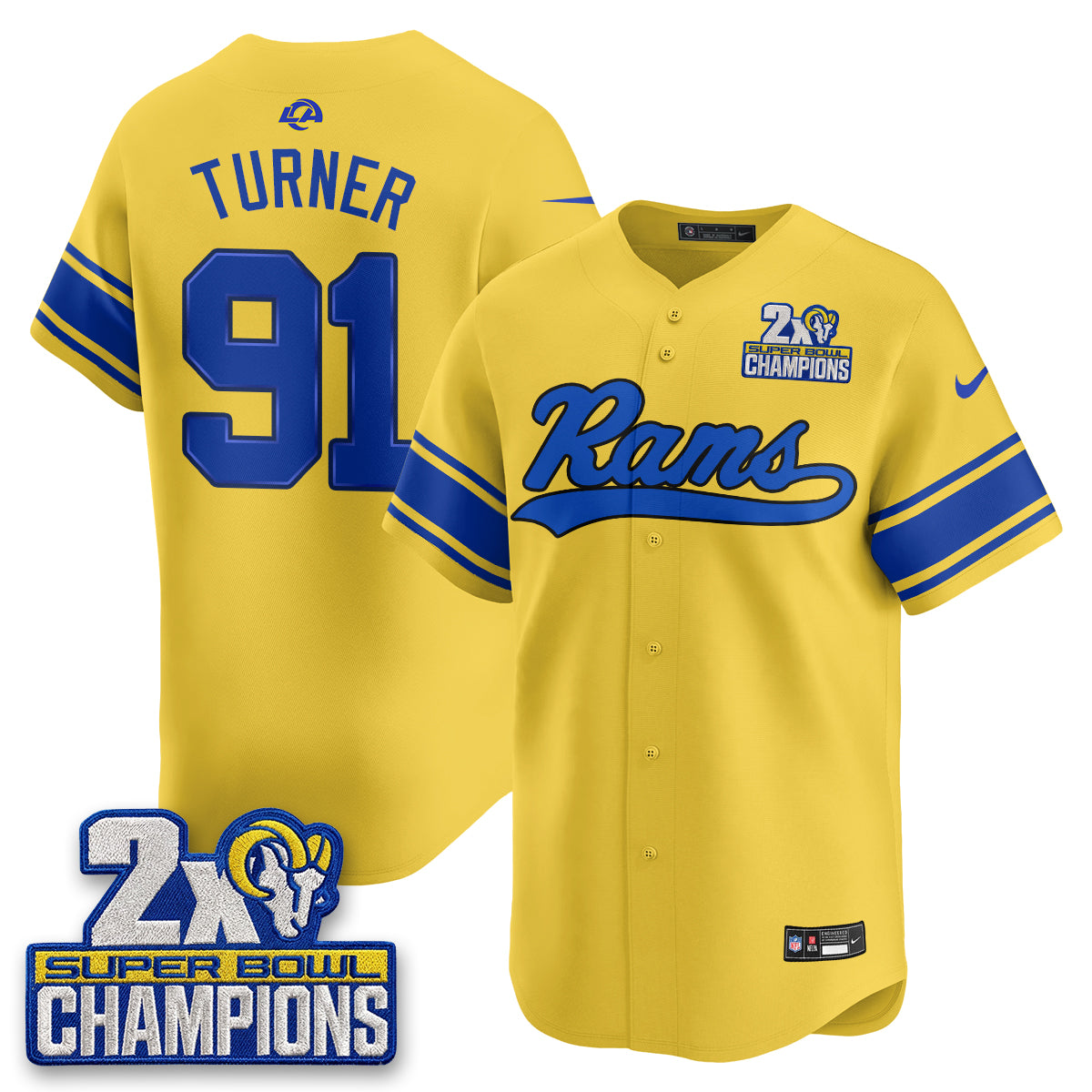 Hunk Wear - Los Angeles Rams Kobie Turner 2X Champs Rivalries Vapor Baseball Jersey ' All Stitched ' Yellow