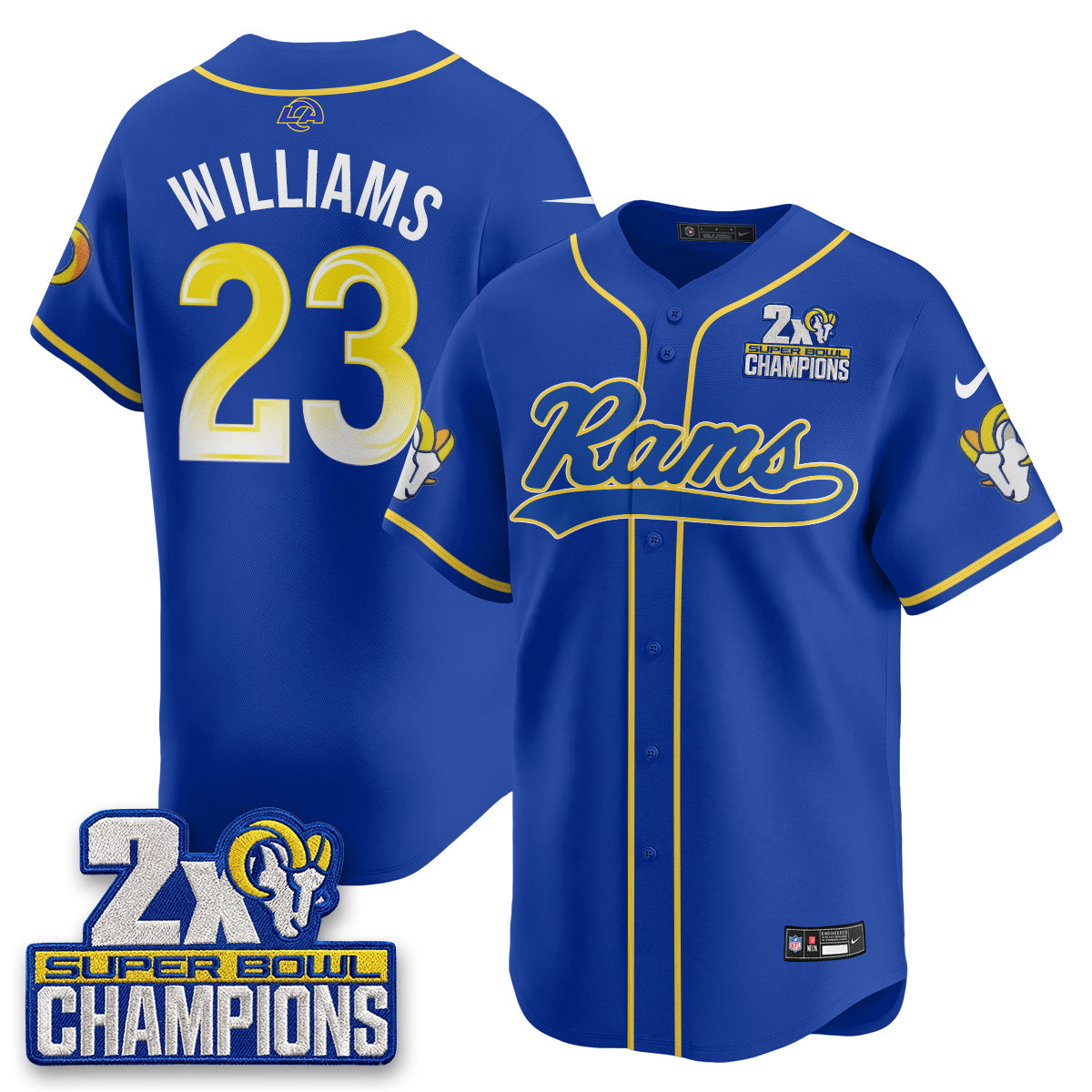 Hunk Wear - Los Angeles Rams Kyren Williams 2X Champs Rivalries Vapor Baseball Jersey ' All Stitched ' Royal
