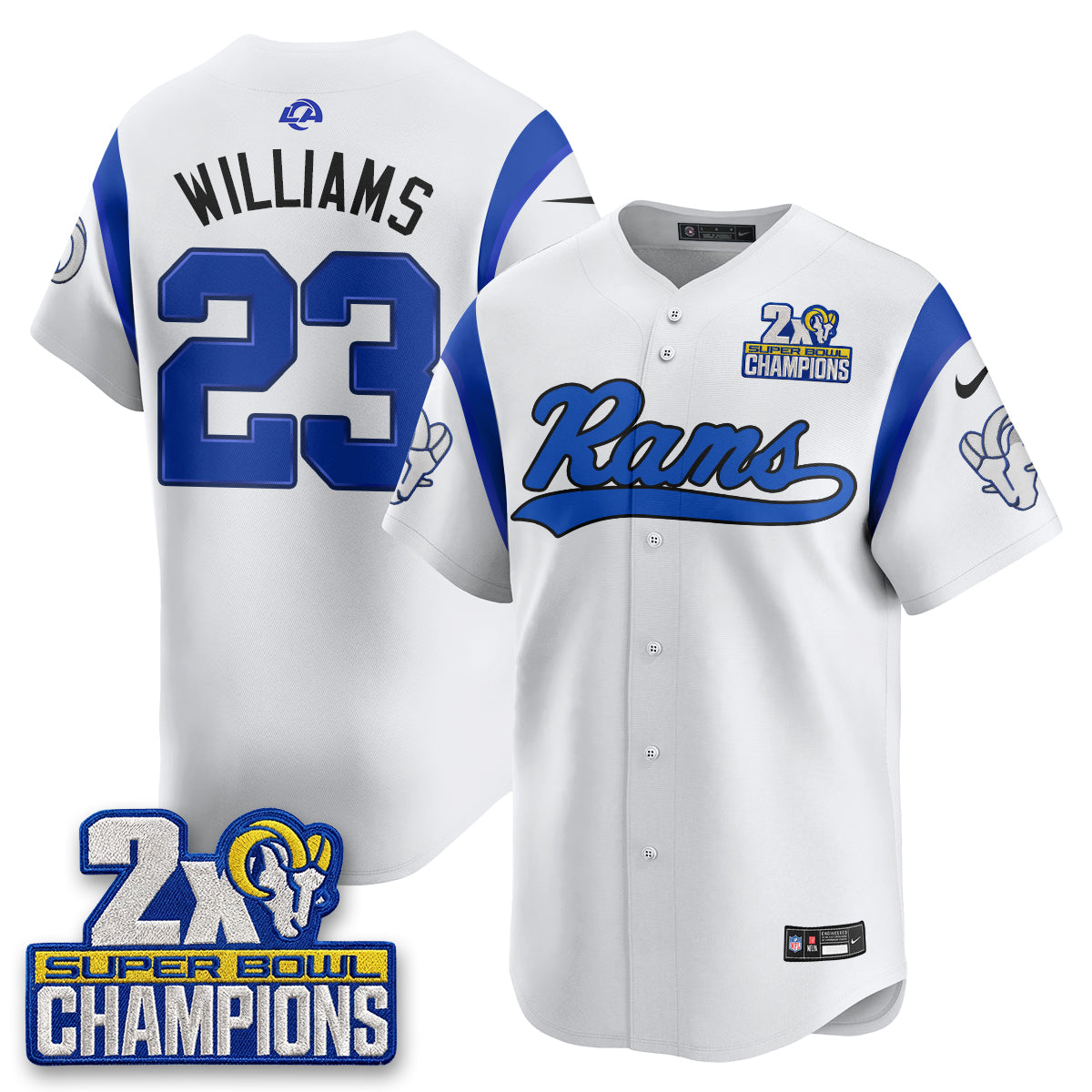 Hunk Wear - Los Angeles Rams Kyren Williams 2X Champs Rivalries Vapor Baseball Jersey ' All Stitched ' White