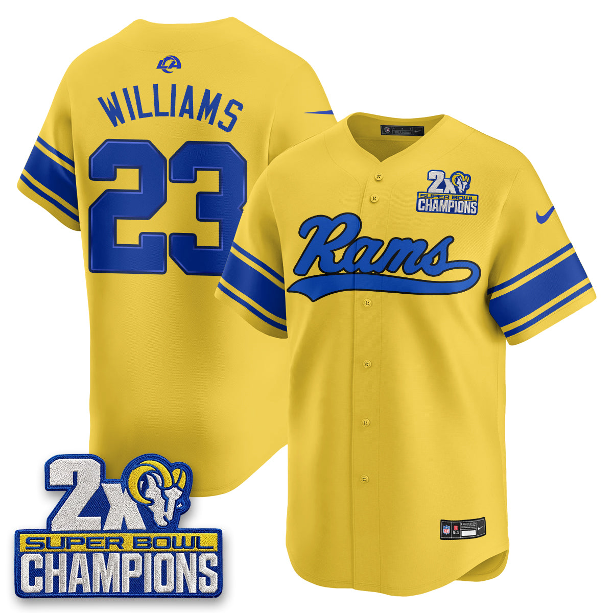 Hunk Wear - Los Angeles Rams Kyren Williams 2X Champs Rivalries Vapor Baseball Jersey ' All Stitched ' Yellow