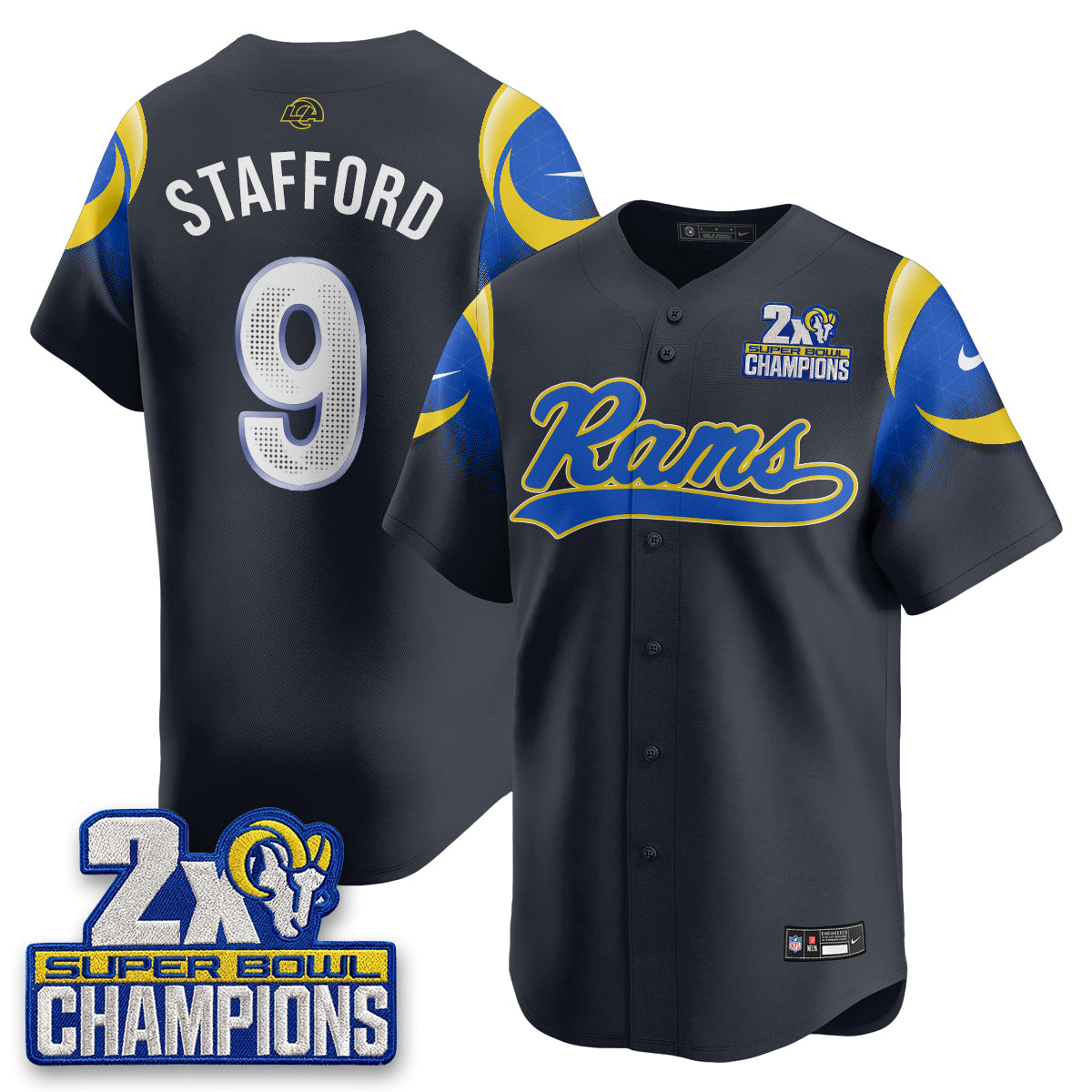 Hunk Wear - Los Angeles Rams Matthew Stafford 2X Champs Rivalries Vapor Baseball Jersey ' All Stitched ' Navy
