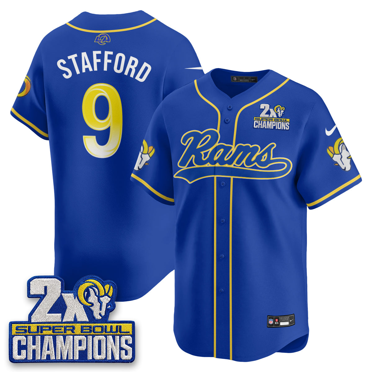 Hunk Wear - Los Angeles Rams Matthew Stafford 2X Champs Rivalries Vapor Baseball Jersey ' All Stitched ' Royal