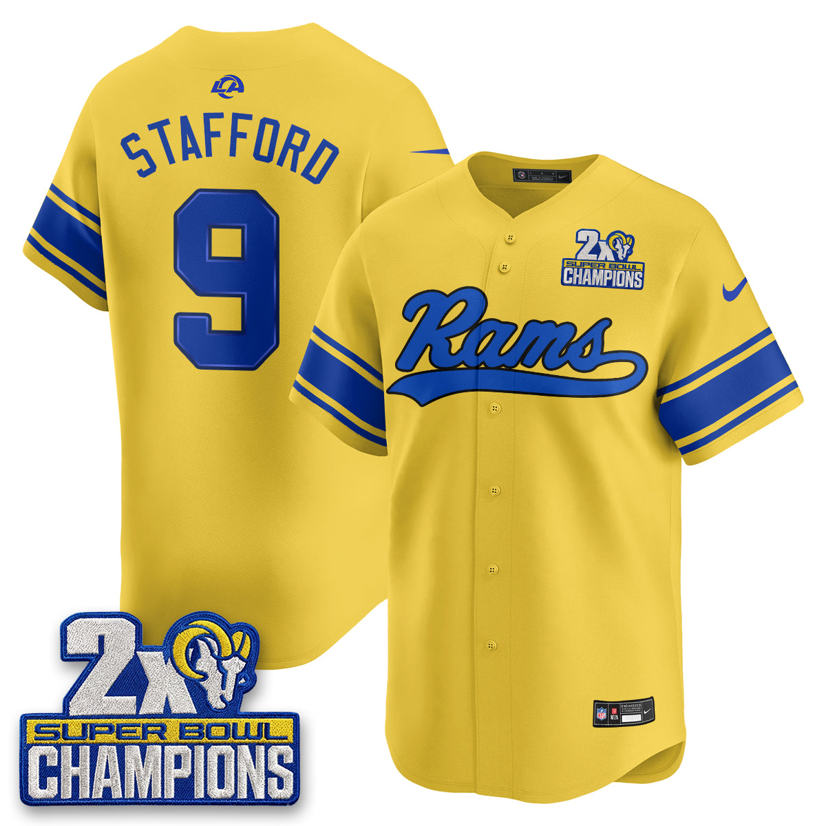 Hunk Wear - Los Angeles Rams Matthew Stafford 2X Champs Rivalries Vapor Baseball Jersey ' All Stitched ' Yellow