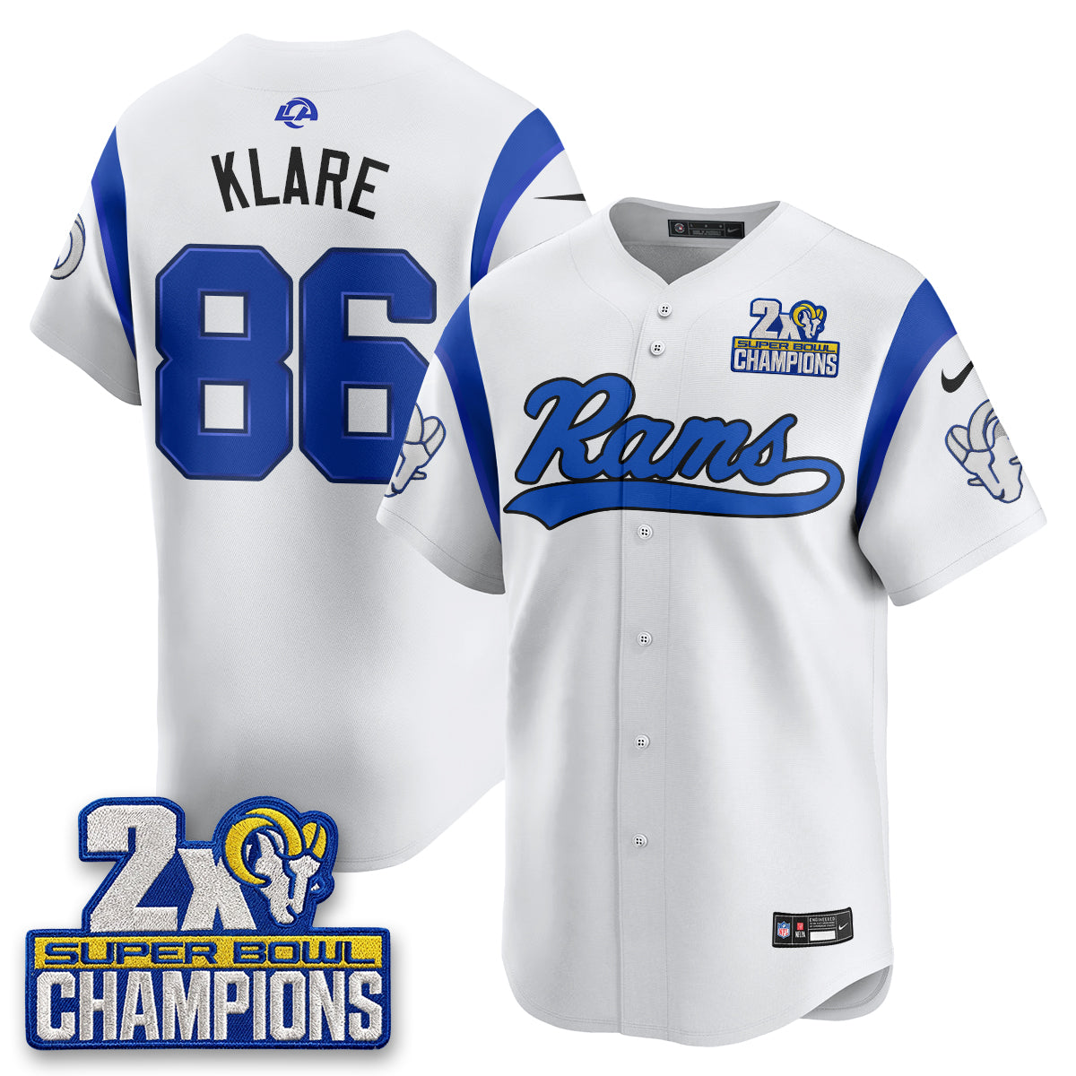 Hunk Wear - Los Angeles Rams Max Klare 2X Champs Rivalries Vapor Baseball Jersey ' All Stitched ' White
