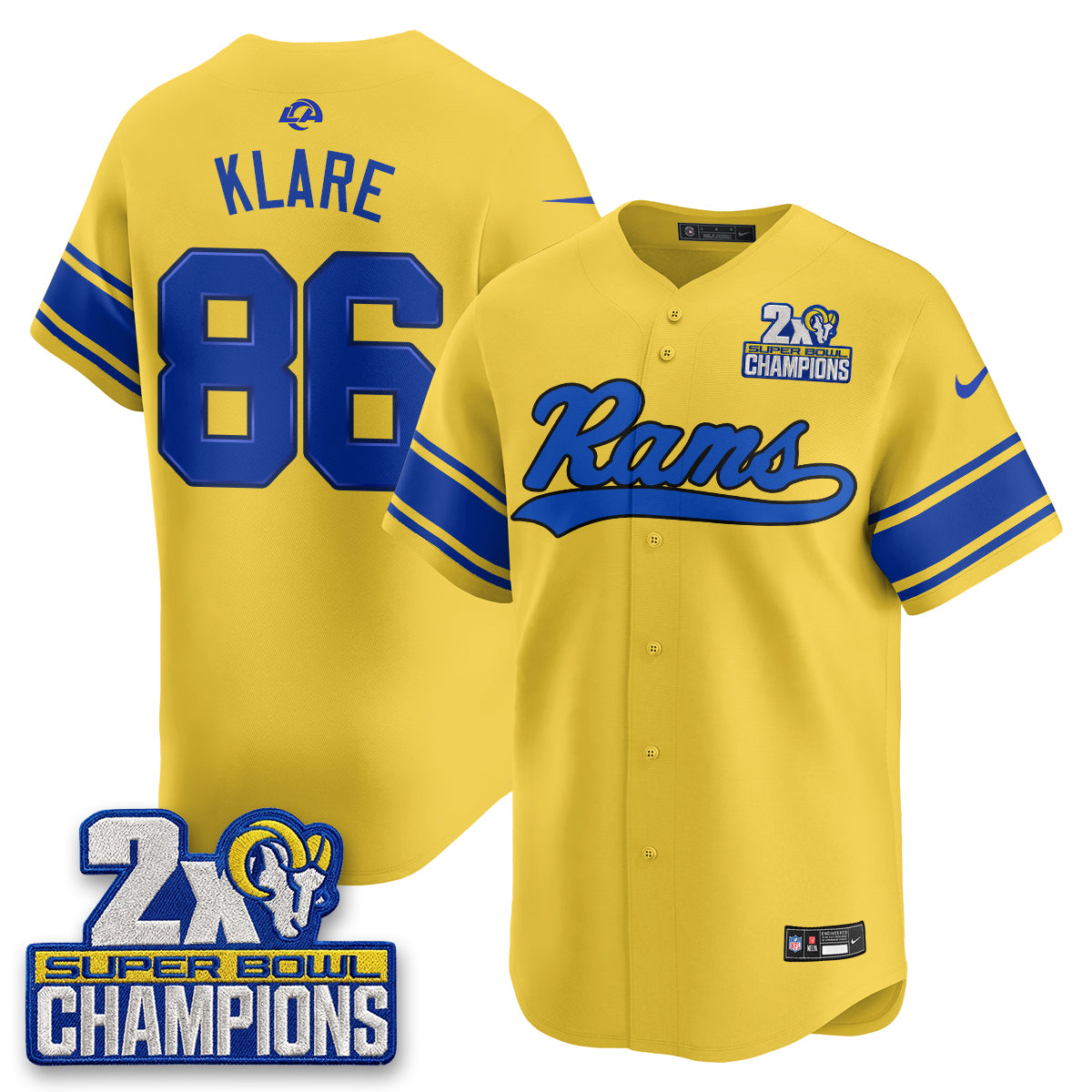 Hunk Wear - Los Angeles Rams Max Klare 2X Champs Rivalries Vapor Baseball Jersey ' All Stitched ' Yellow