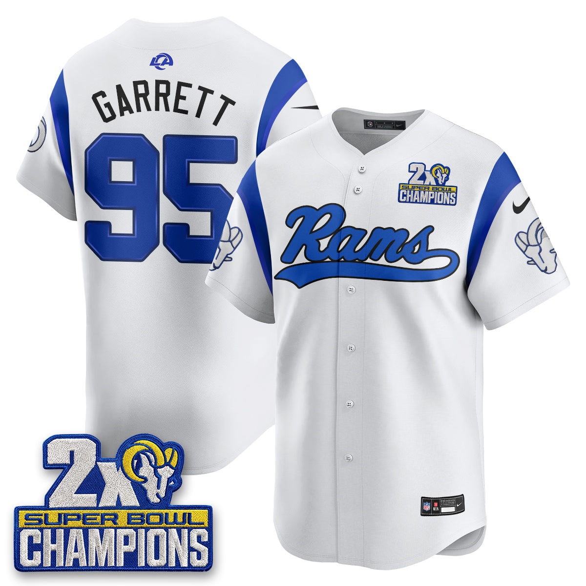 Hunk Wear - Los Angeles Rams Myles Garrett 2X Champs Rivalries Vapor Baseball Jersey ' All Stitched ' White