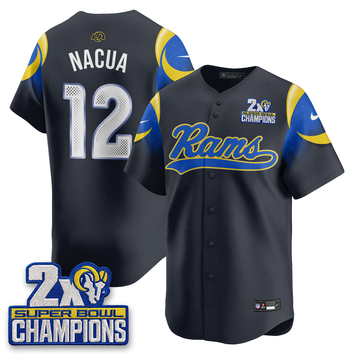 Hunk Wear - Los Angeles Rams Puka Nacua 2X Champs Rivalries Vapor Baseball Jersey ' All Stitched ' Navy