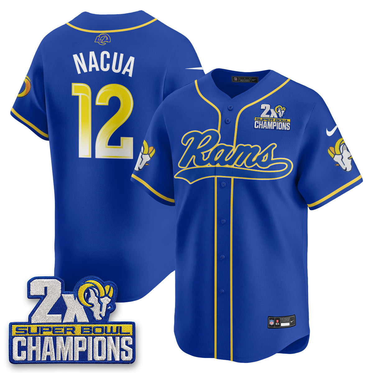 Hunk Wear - Los Angeles Rams Puka Nacua 2X Champs Rivalries Vapor Baseball Jersey ' All Stitched ' Royal