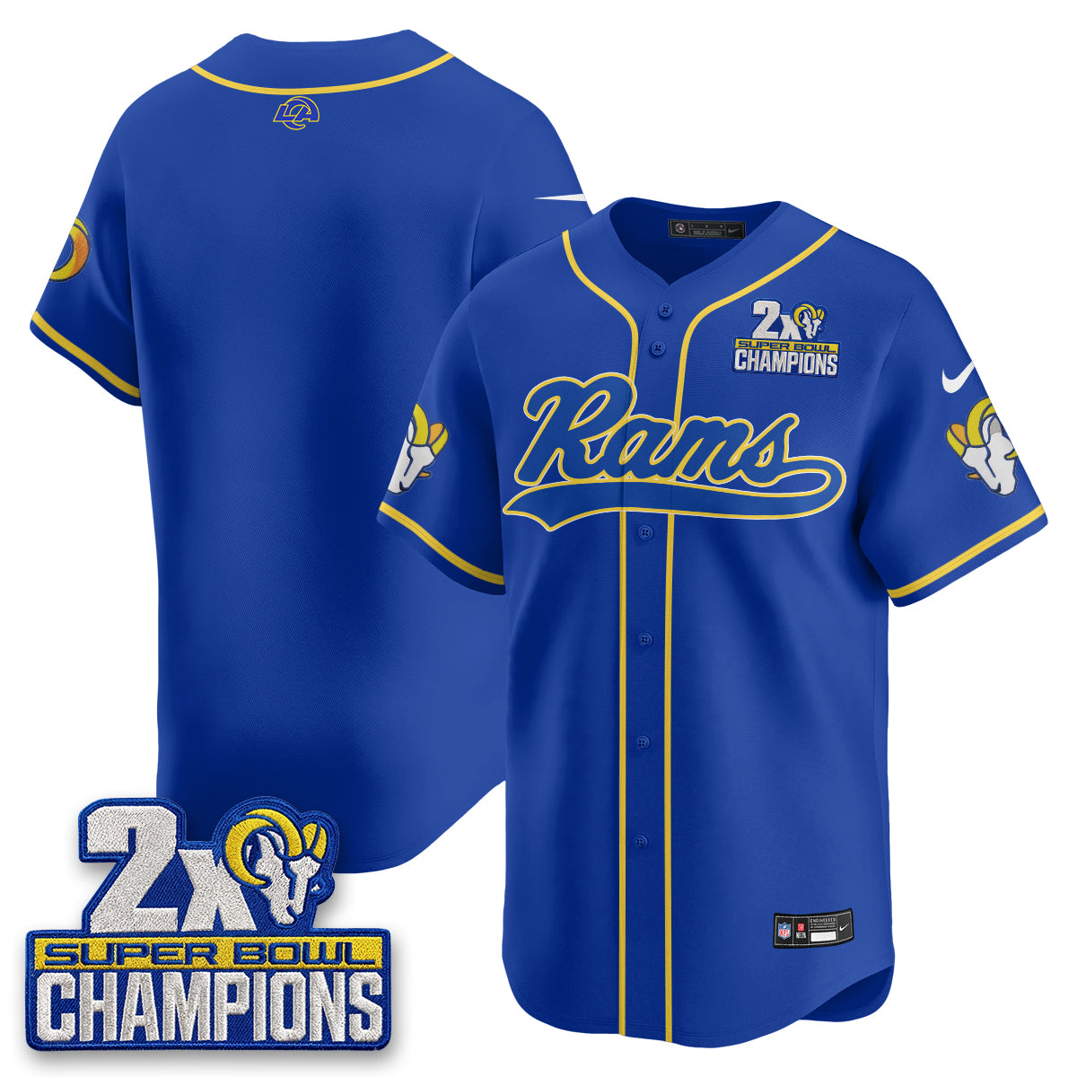Hunk Wear - Los Angeles Rams Team 2X Champs Rivalries Vapor Baseball Jersey ' All Stitched ' Royal