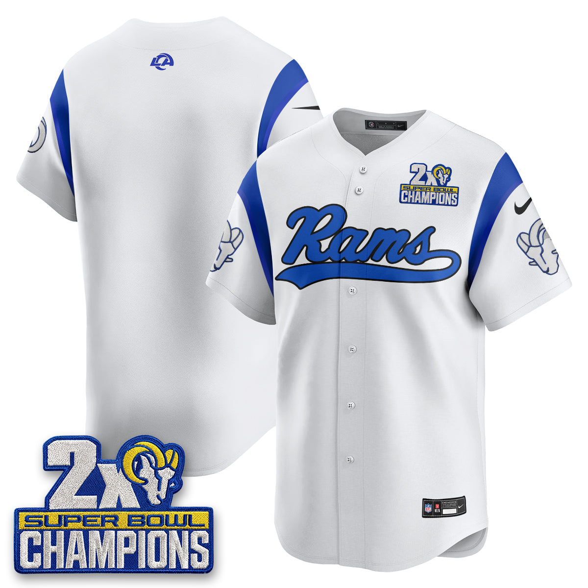 Hunk Wear - Los Angeles Rams Team 2X Champs Rivalries Vapor Baseball Jersey ' All Stitched ' White