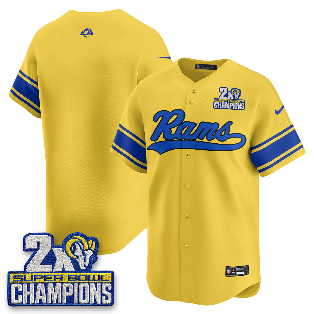 Hunk Wear - Los Angeles Rams Team 2X Champs Rivalries Vapor Baseball Jersey ' All Stitched ' Yellow